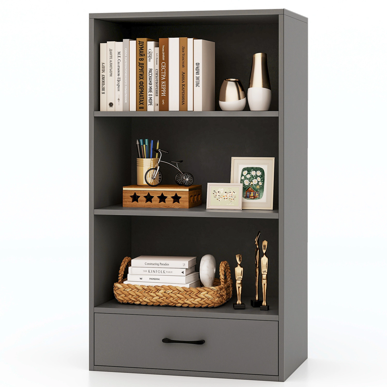 SUGIFT 4-Tier Gray 42.5-in Bookshelf with Drawer 3 Open Shelves 2 Anti-Toppling Kits and 88-lb Top