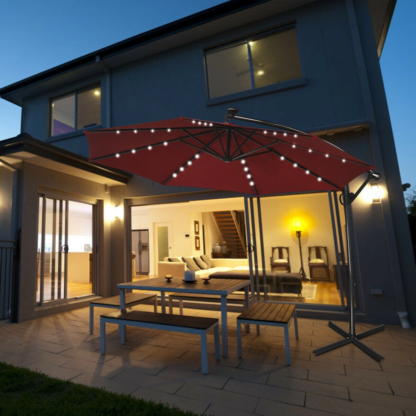 SUGIFT 10-ft Dark Red Offset Cantilever Patio Umbrella with 360-Degree Rotation Easy Tilt and 32 Solar Lights