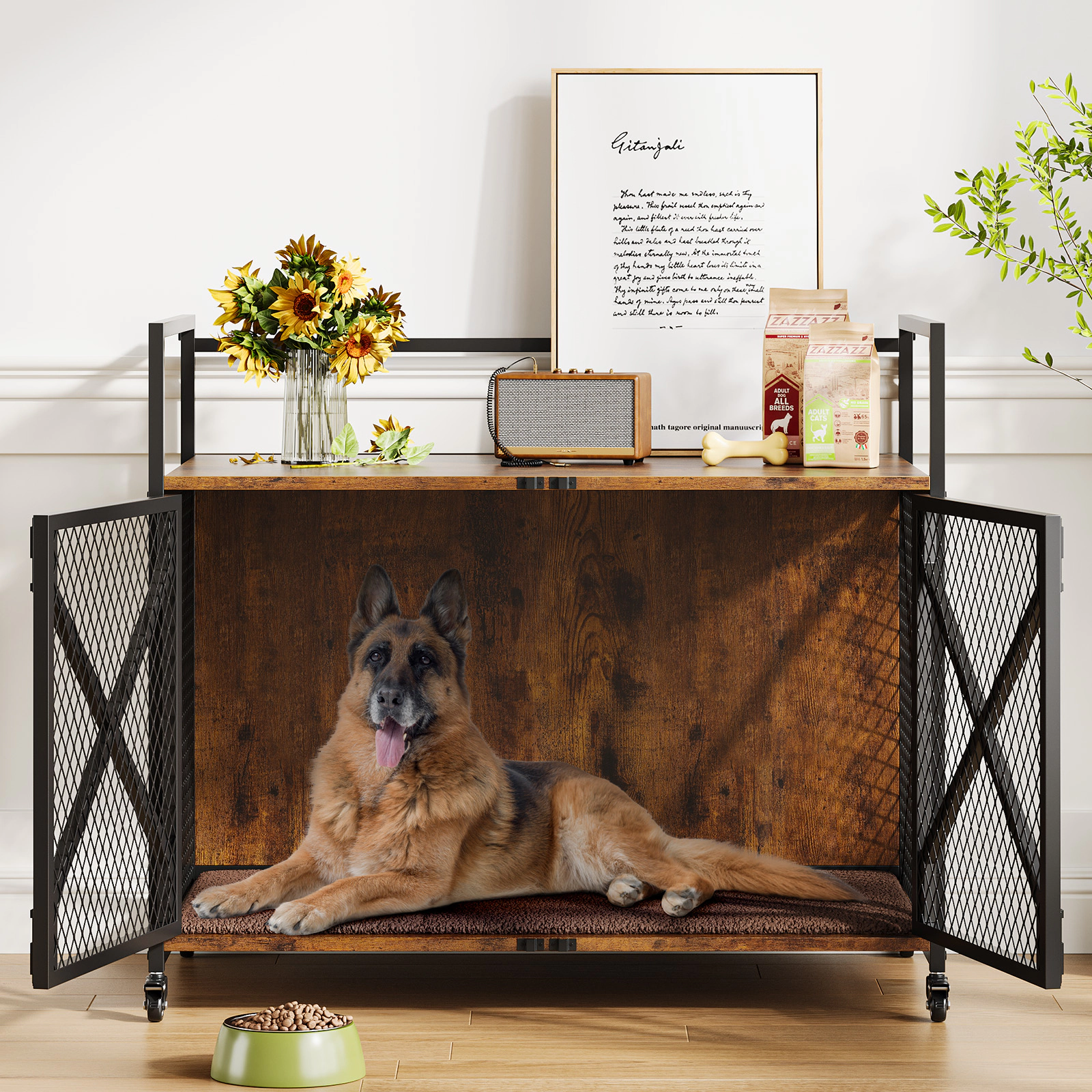 Farmhouse Style Dog Crate Furniture with 360° Wheels & 4 Latches, Heavy Duty End Table for Living Room, Rustic Brown