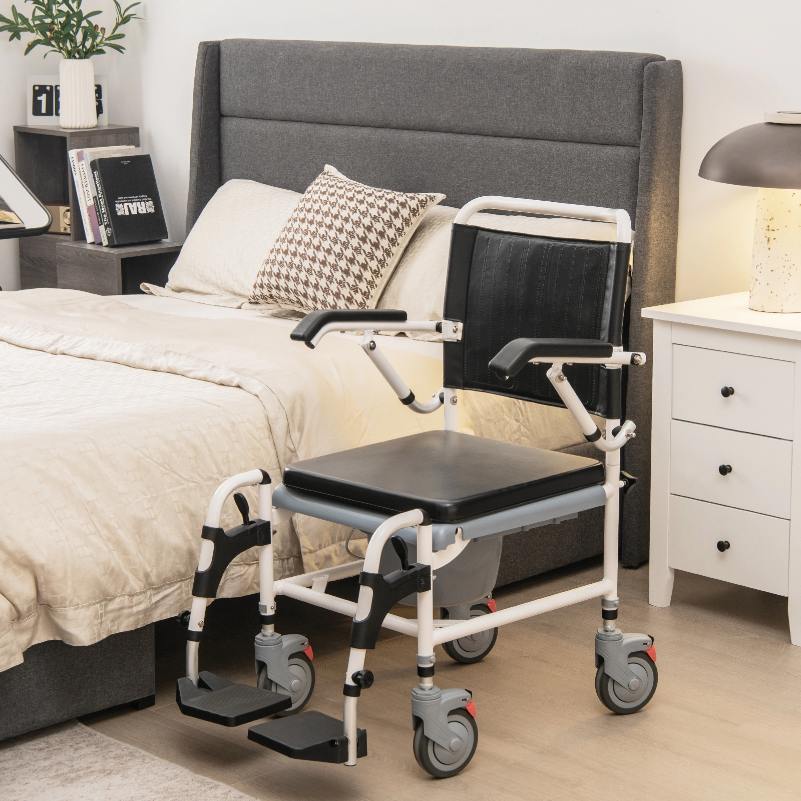 SUGIFT 300-lb Capacity 4-in-1 Bedside Commode Wheelchair with Detachable Bucket Lid and Locking Wheels