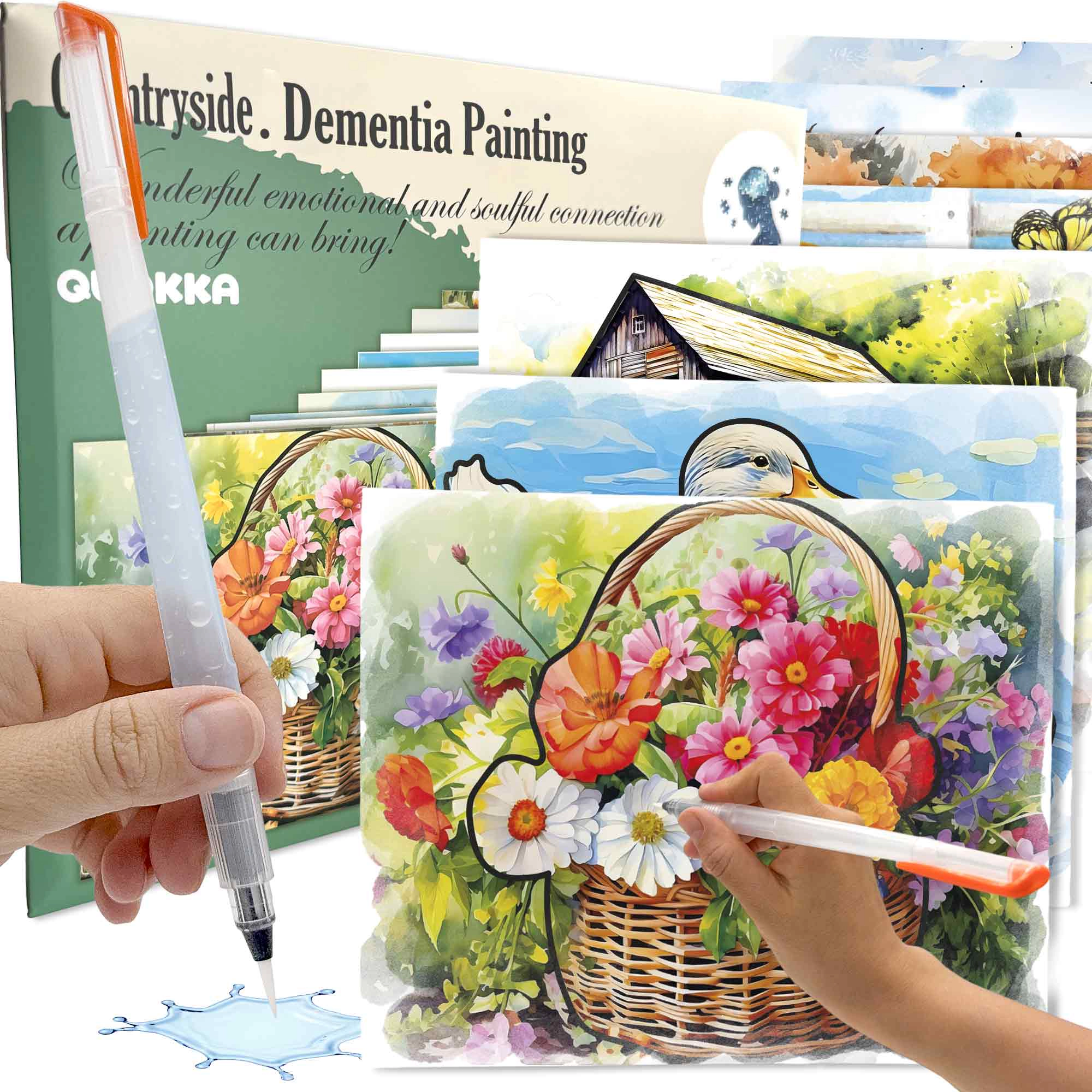 QUOKKA Dementia-Friendly Water Painting Kit for Seniors, Reusable Coloring Activity with 10 Pictures