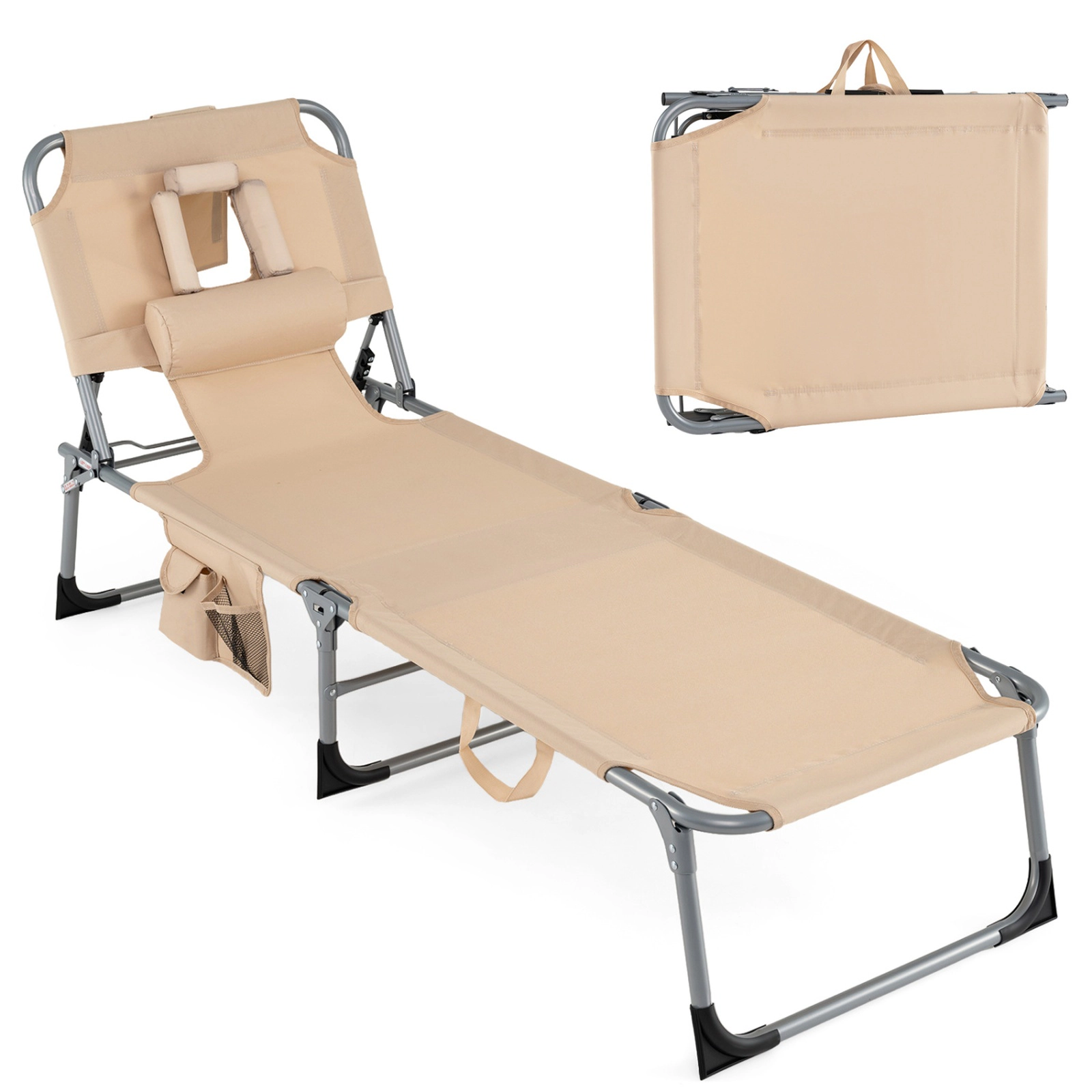 SUGIFT Adjustable Folding Tanning Chair with Face & Arm Holes 330-lb Capacity with Pillow & Storage Pockets Black Pink