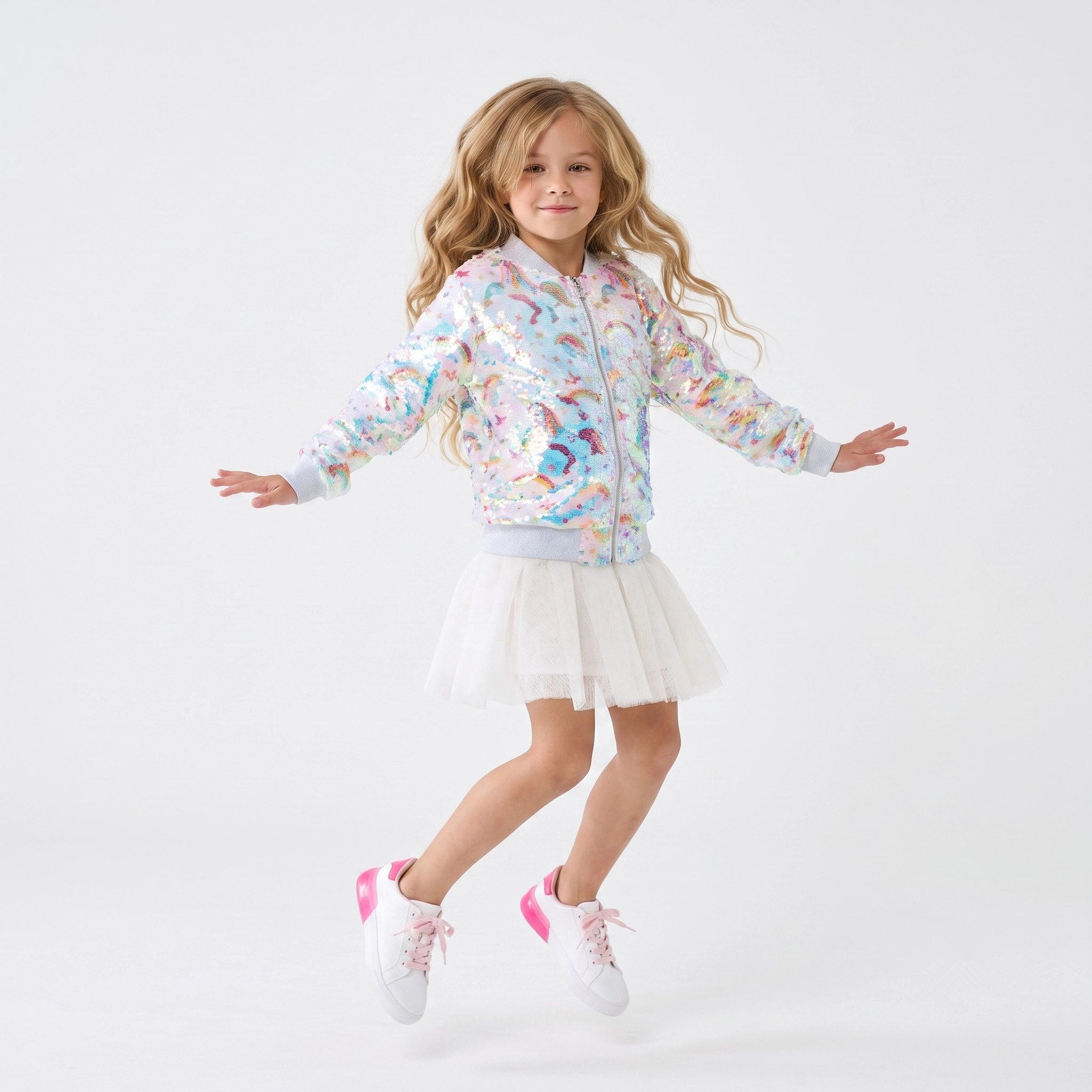 2Bunnies Girls' Rainbow Unicorn Iridescent Sequin Bomber Jacket