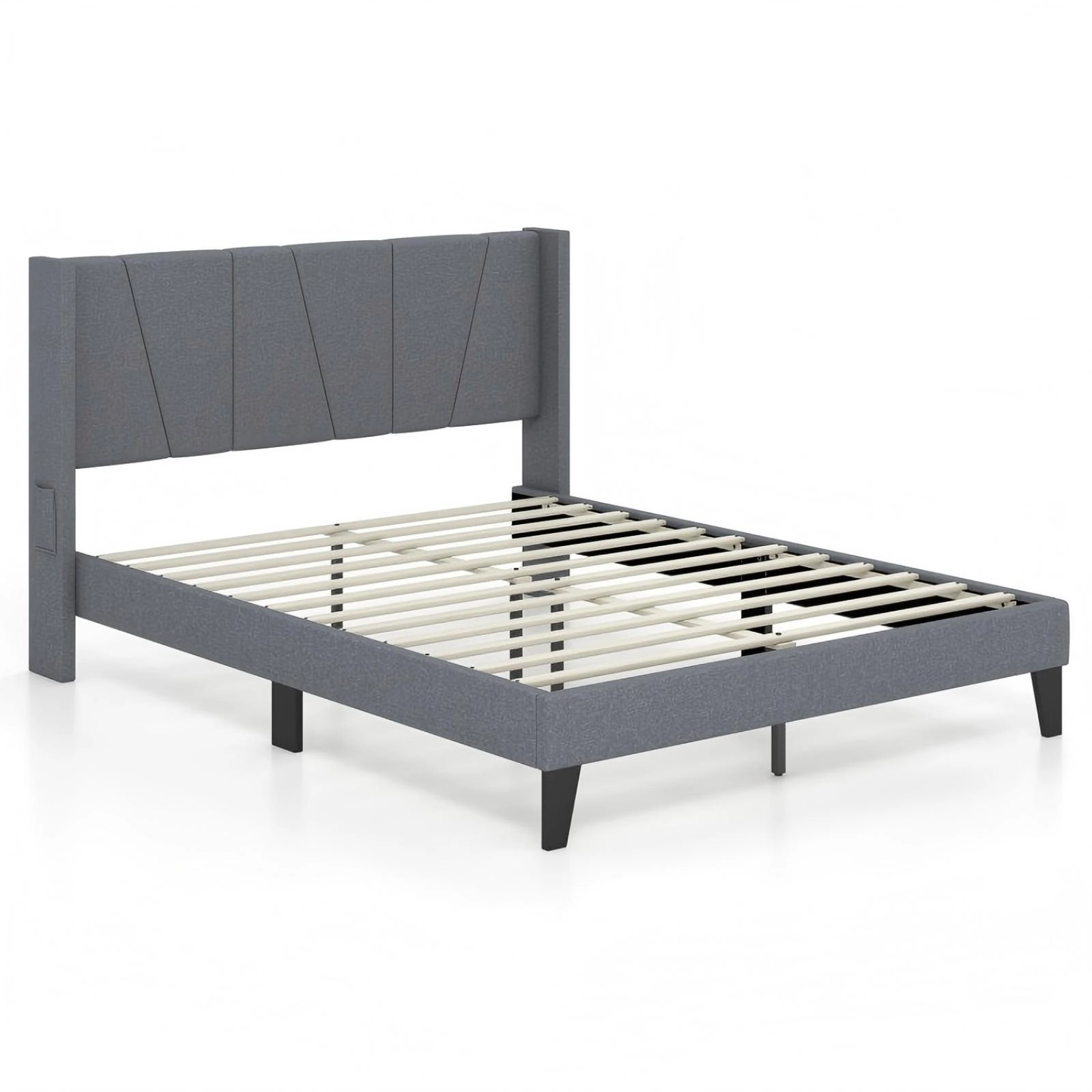 SUGIFT Gray Wingback Headboard and Wood Slat Support Queen Size Upholstered Bed Frame