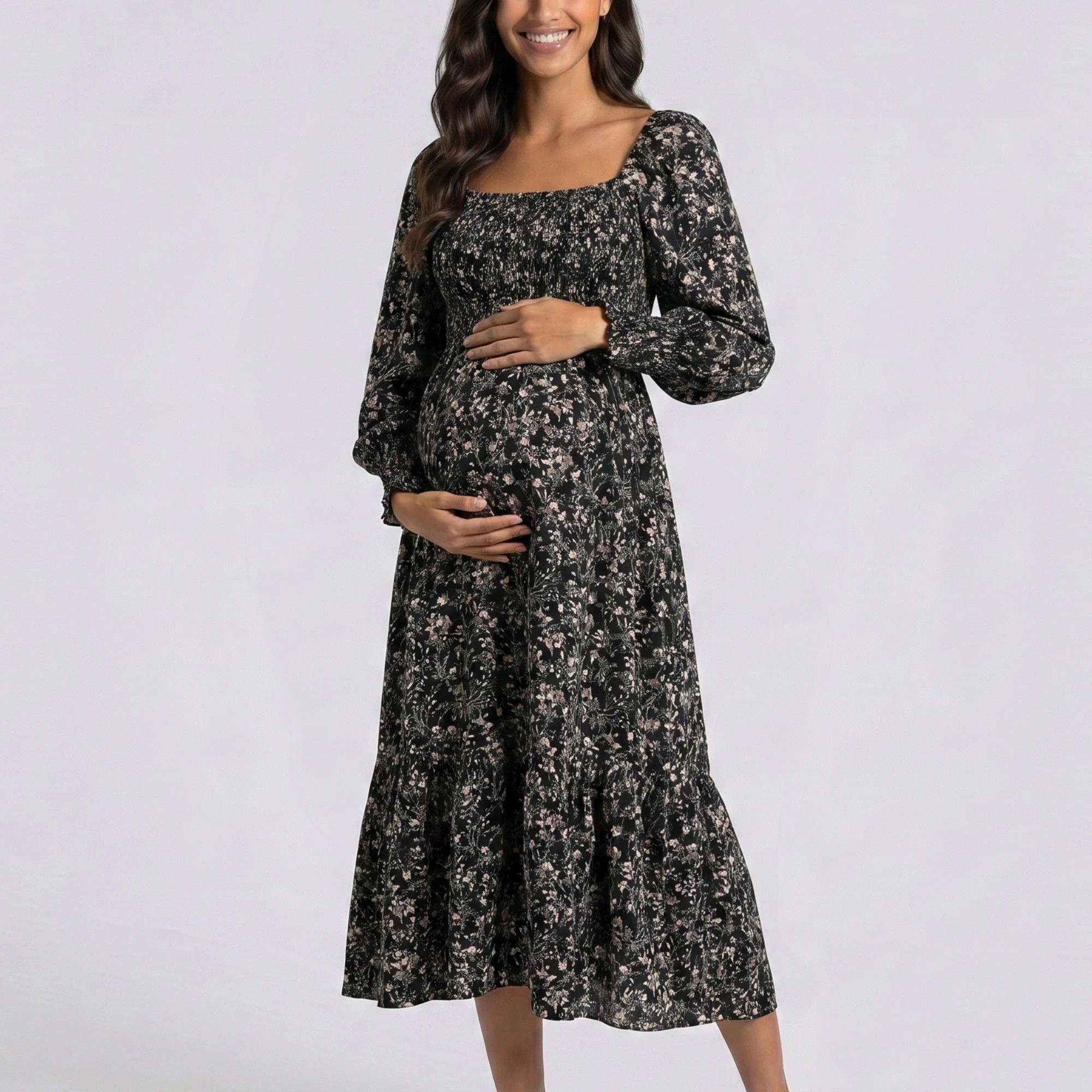 Anna-Kaci Women's Maternity Floral Square Neck Long Sleeve Smocked Bodice Midi Dress
