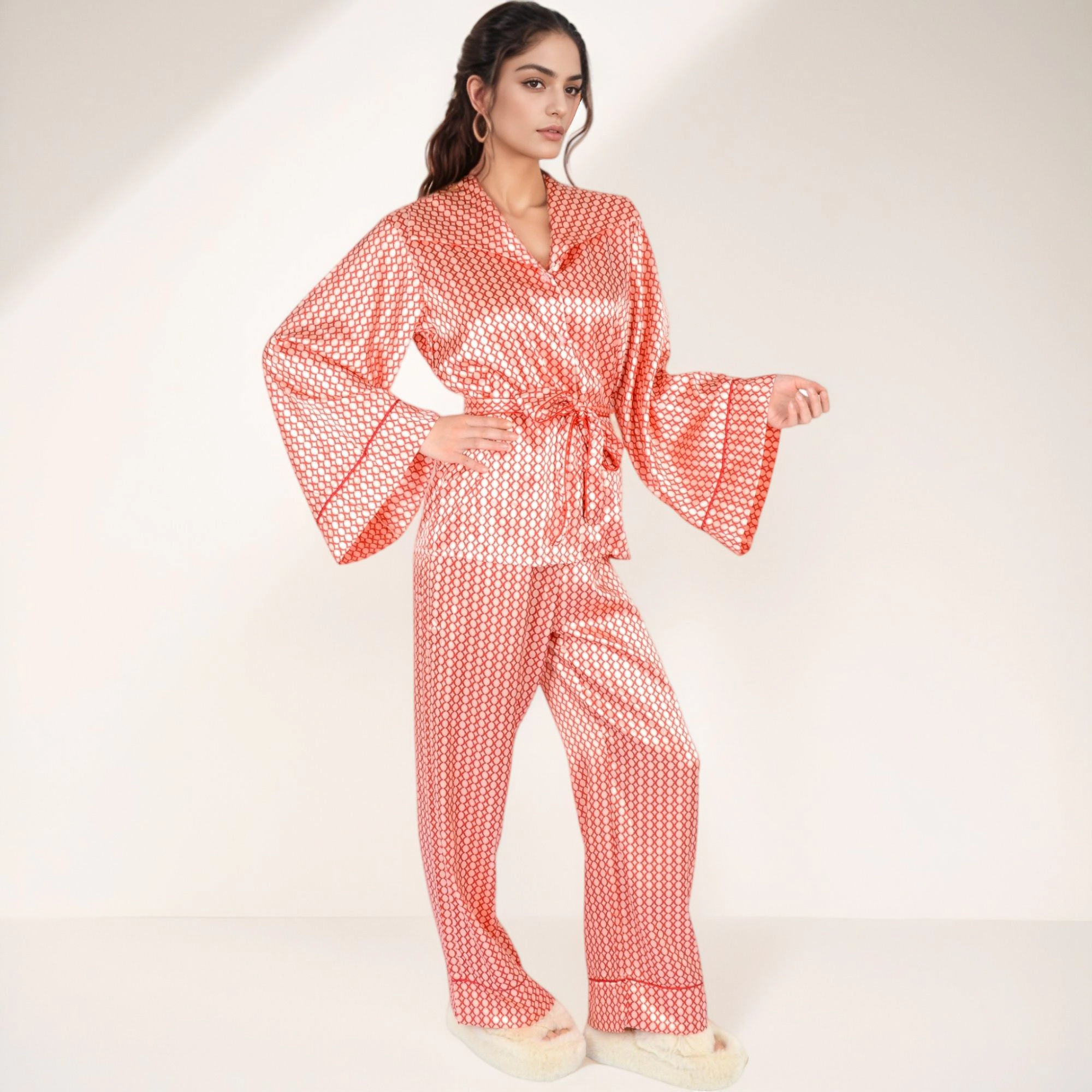 Anna-Kaci Women's Printed Satin Pajama Set Long Sleeve Wrap Top Self-Tie Waist and Full-Length Relaxed Fit Lounge Pants