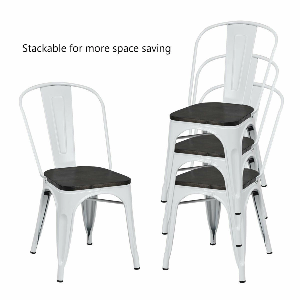 SlickBlue Set of 4 Stackable Dining Chairs, Elmwood Seat, Metal Legs, White
