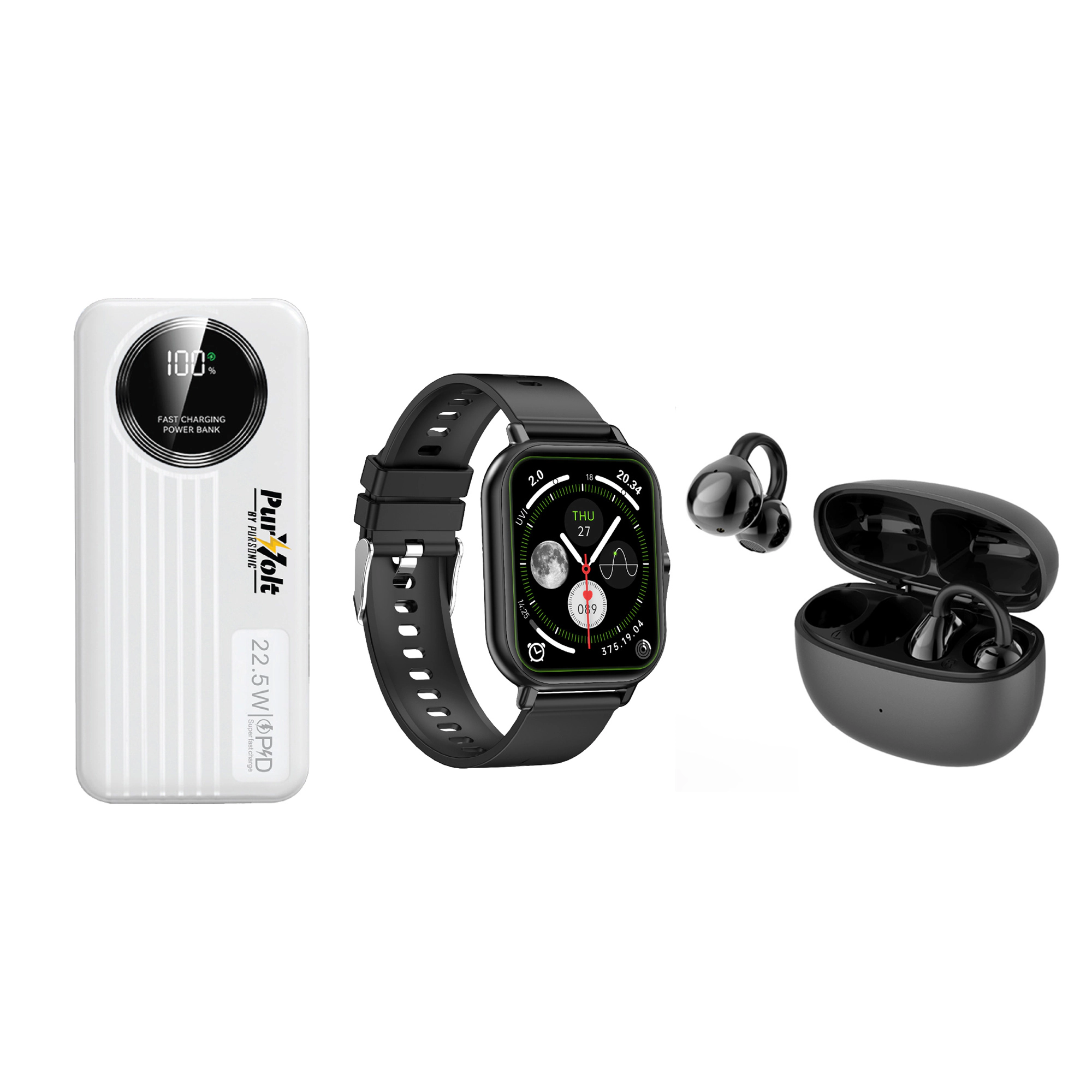 Pursonic Unisex Mobile Tech Essentials Bundle: Smart Watch, 10,000mAh Power Bank & True Wireless Earbuds