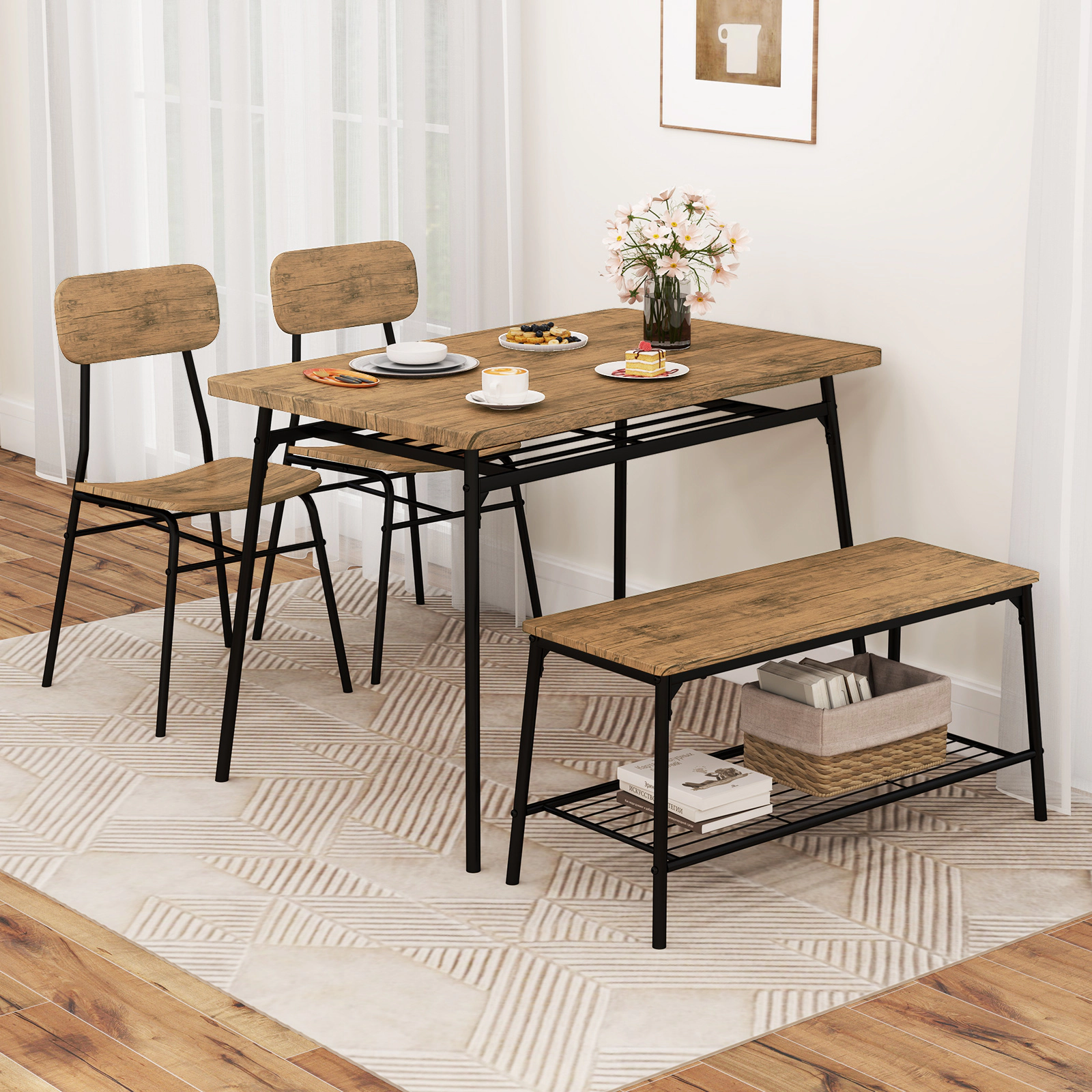 LJG 4 Piece Dining Table Set for 4 Metal Frame with Bench and 2 Chairs