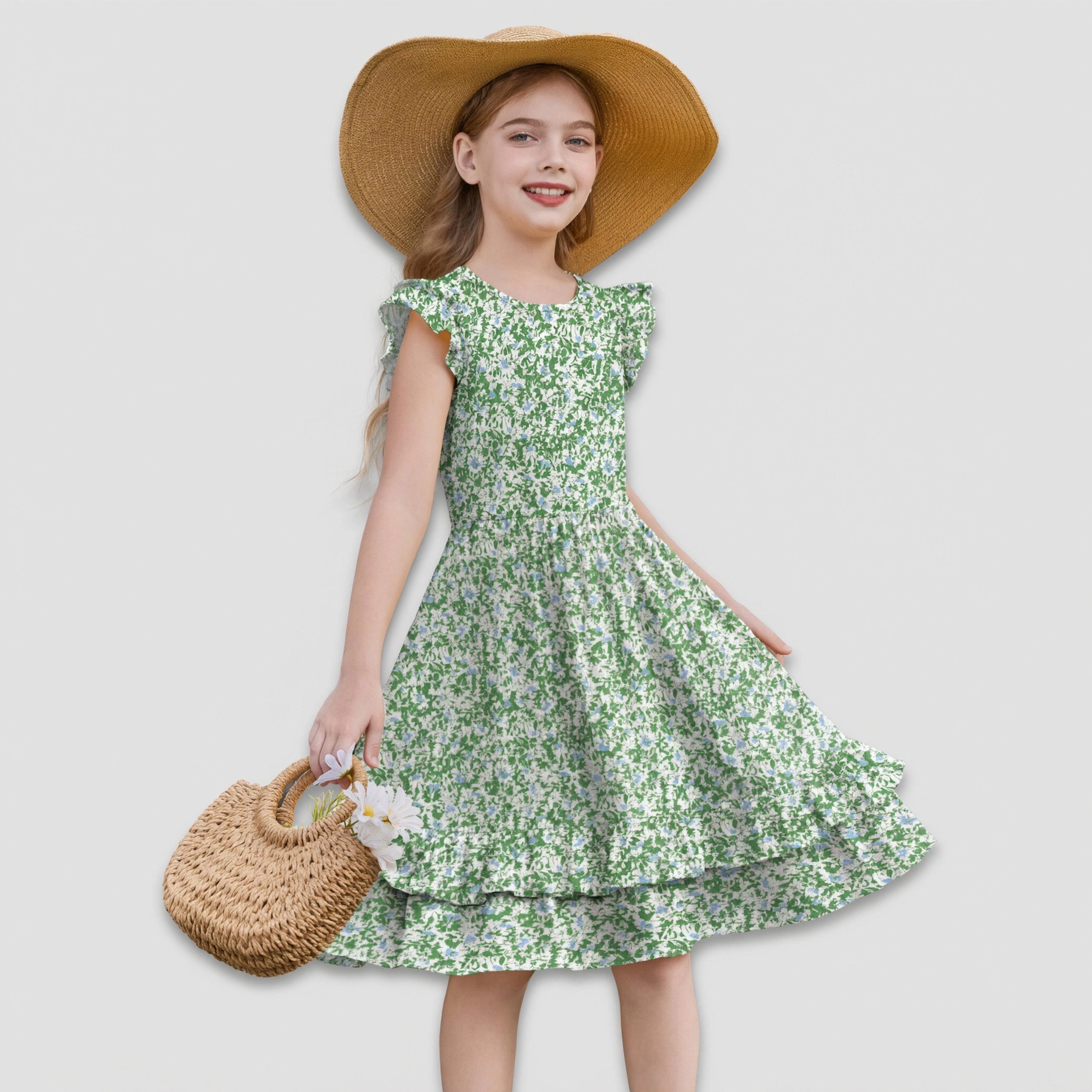 Arshiner Girls Dress Casual Boho Ruffle Sleeve Aline Flowy Summer Sundress With Pockets