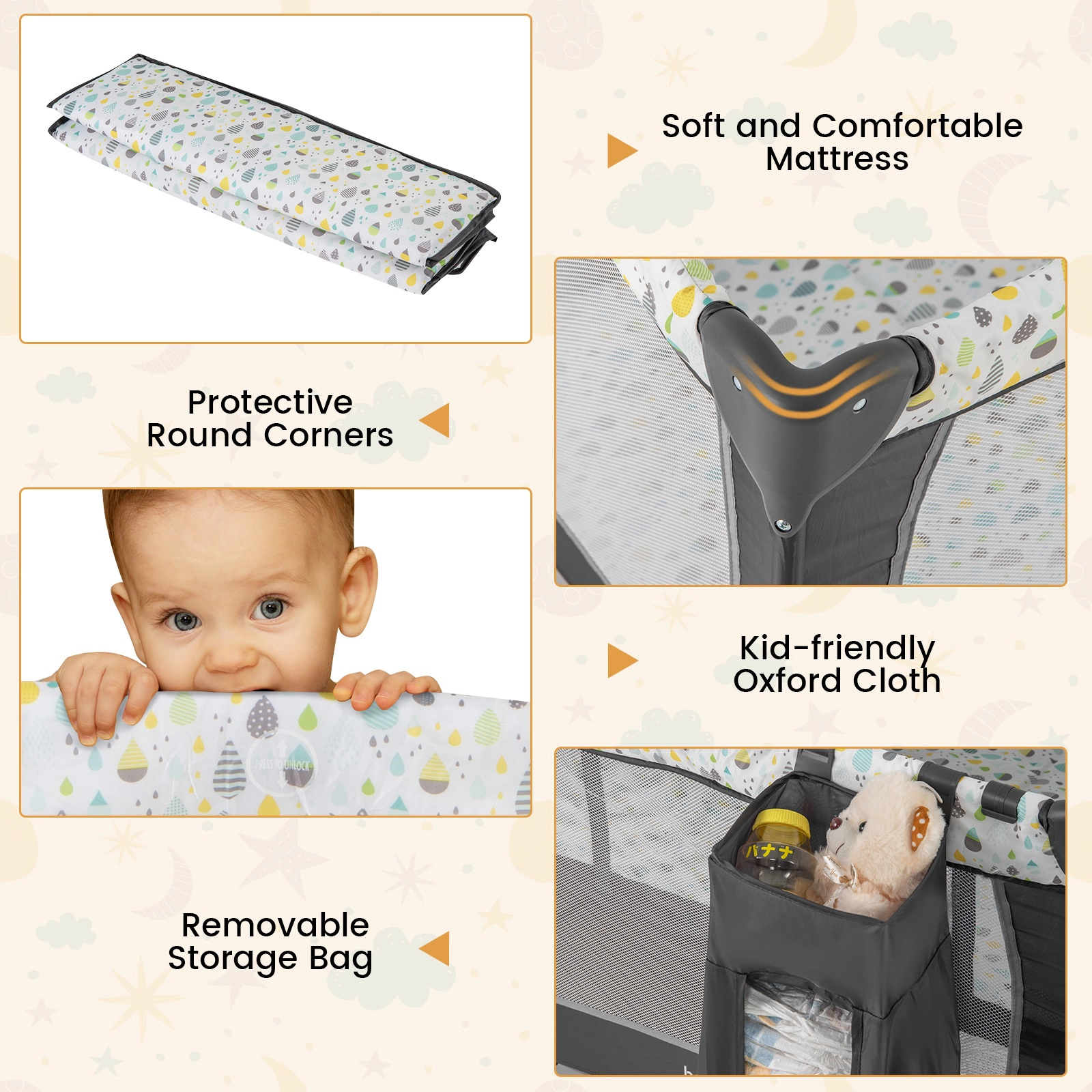 SUGIFT Baby 3-in-1 Bassinet Changing Table Carry Bag Portable Playard 40-in x 28.5-in x 29-in 33-lb Capacity Beige