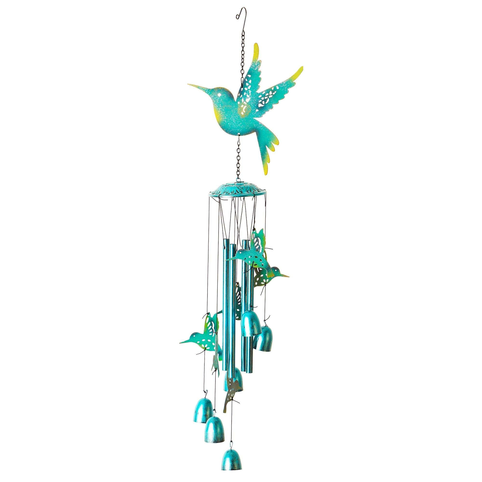 G128 Blue Hummingbird Wind Chime 32" - Hand-Painted Metal Outdoor Chime for Garden Patio Porch