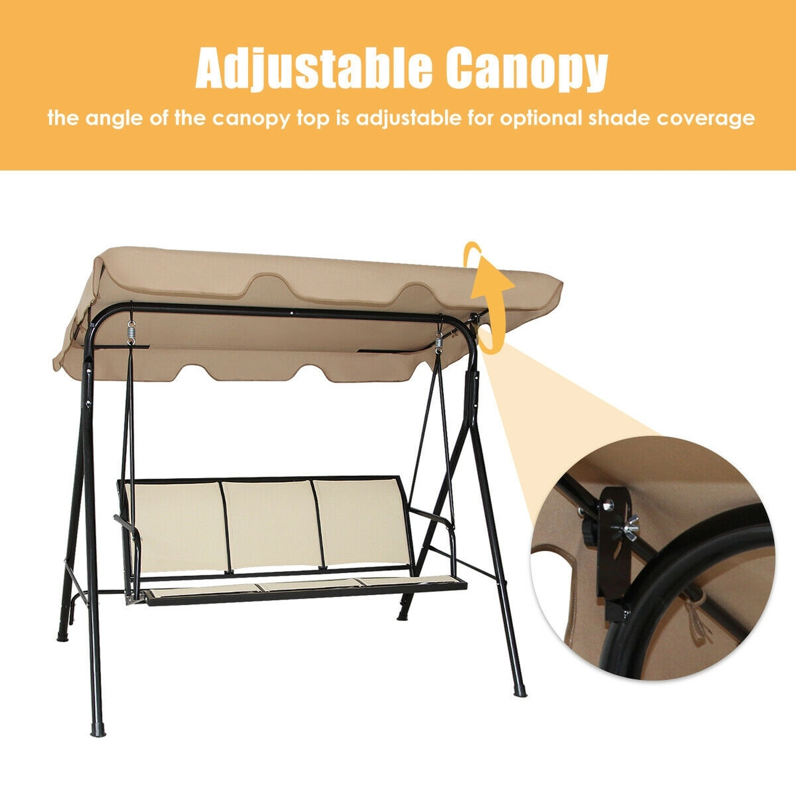 SUGIFT 3 Person Steel Frame Patio Swing with Adjustable Canopy 550-lb Capacity 67-in Wide Textilene Polyester Seat Brown