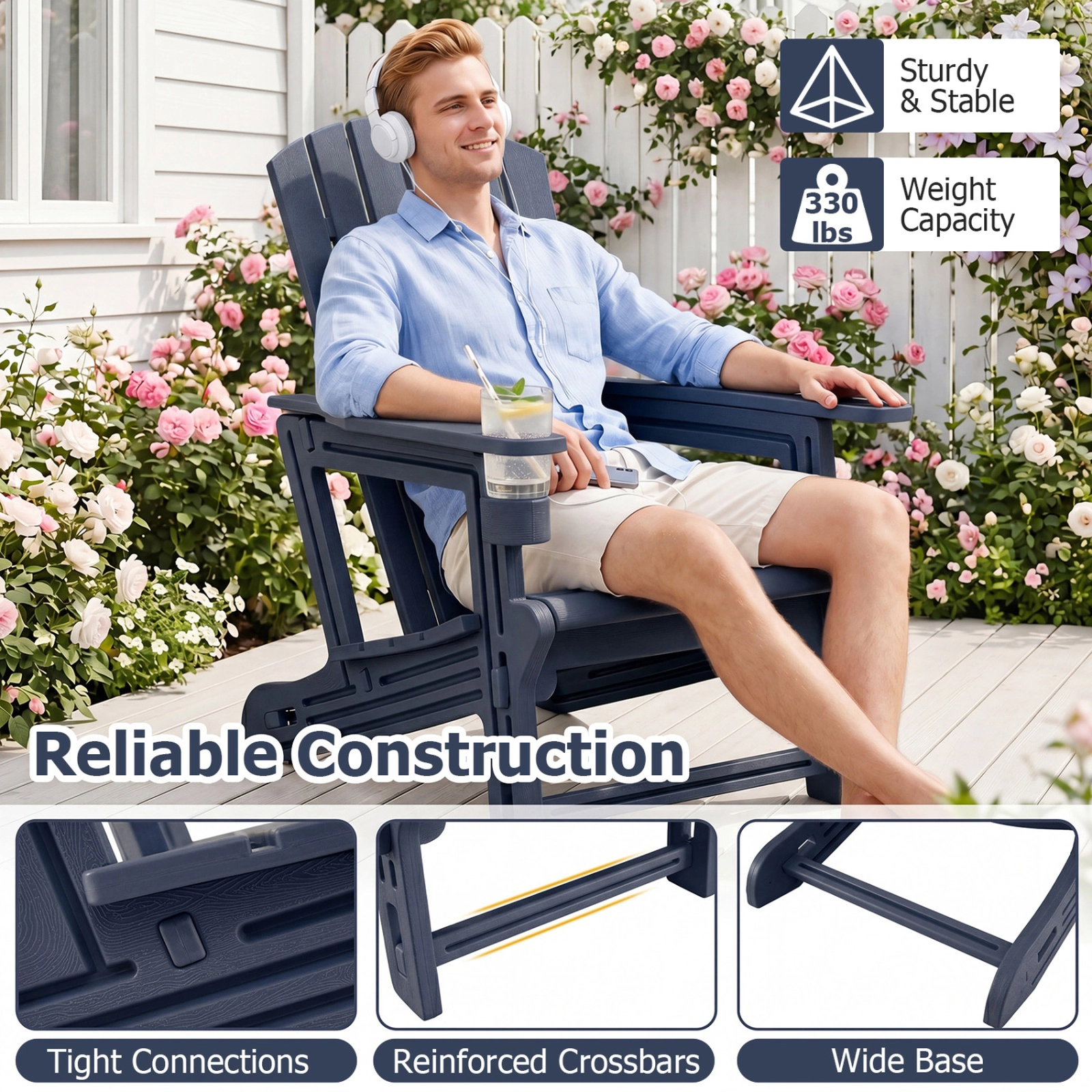 SUGIFT Wood-Like HDPE Adirondack Chair with Cup Holder High Back 330-lb Capacity Blue