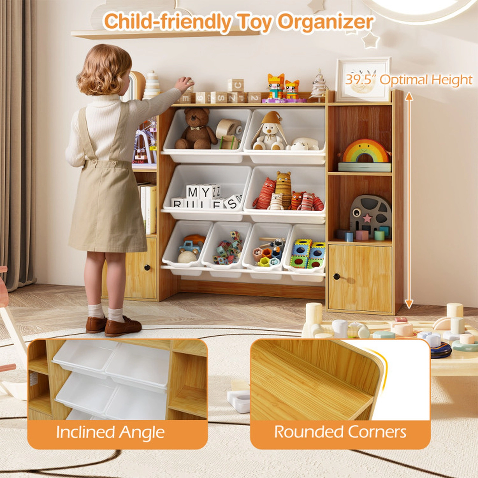 SUGIFT 39.5-in 385-lb Capacity Kids Toy Storage Organizer and Bookshelf with 8 Boxes and 2 Door Cabinets