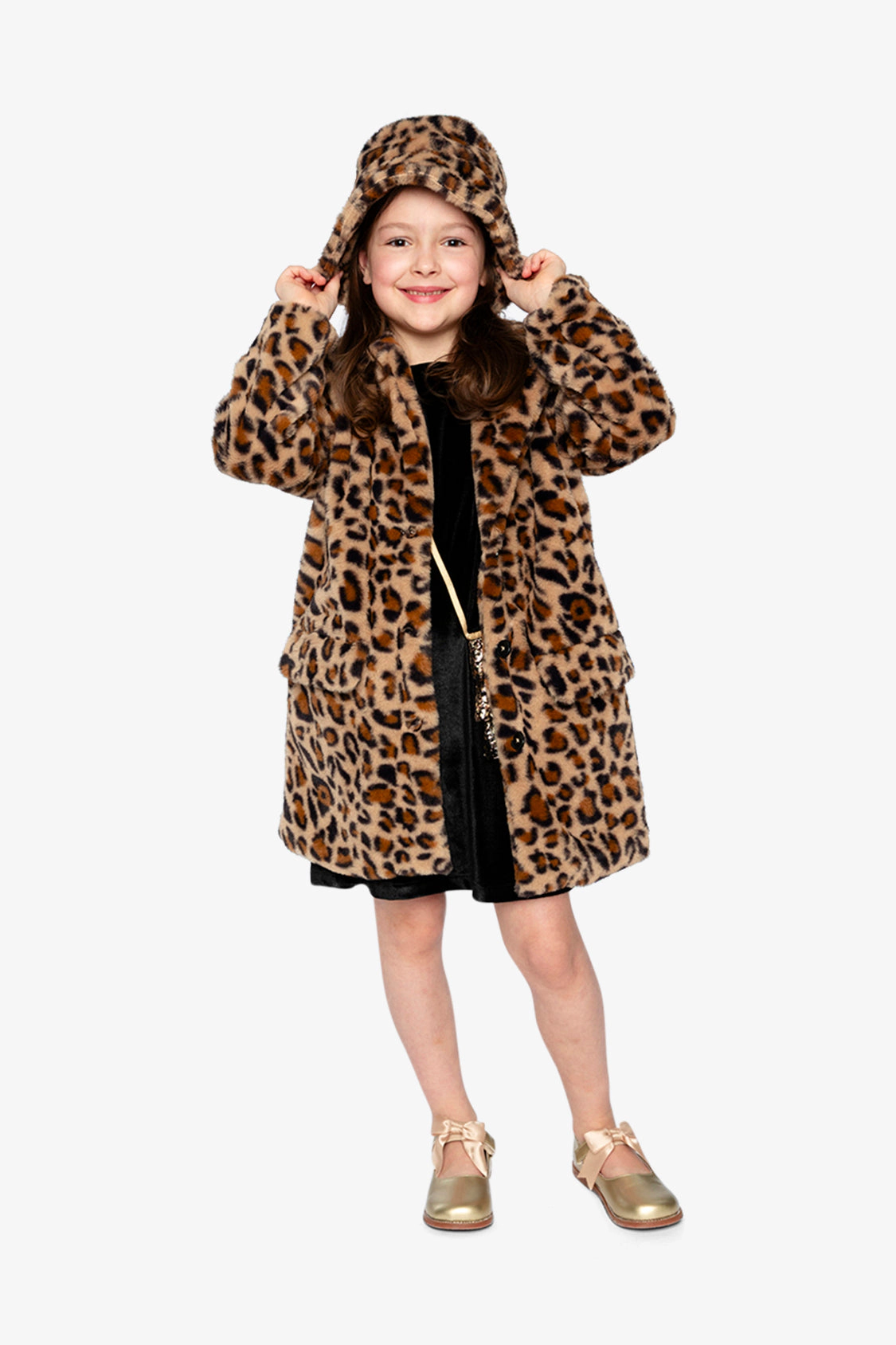 Deux par Girls Button Front Leopard Print Faux Fur Long Coat with Side Pockets