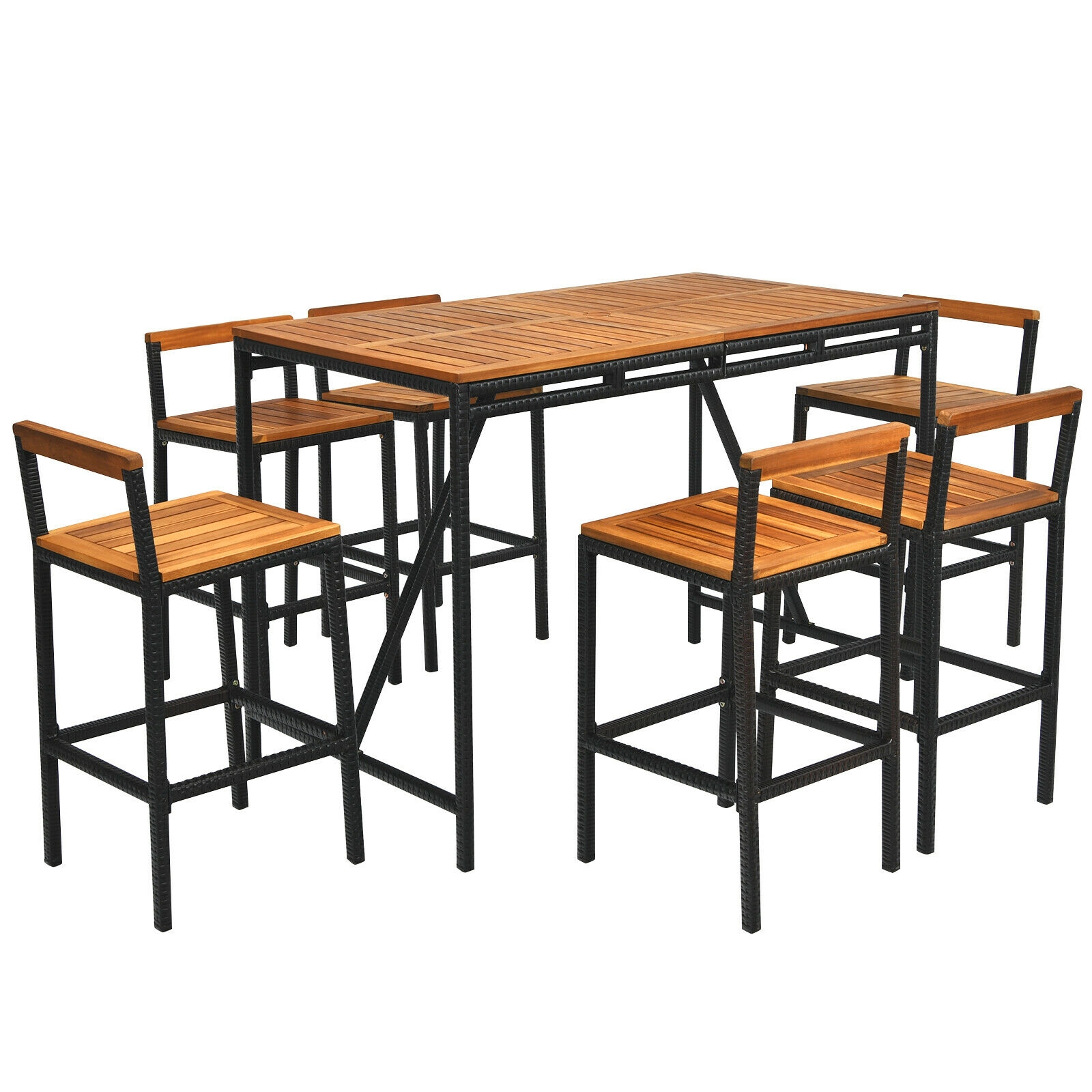 SUGIFT Natural Umbrella Hole 7-Piece Acacia Wood and Rattan Patio Bar Set
