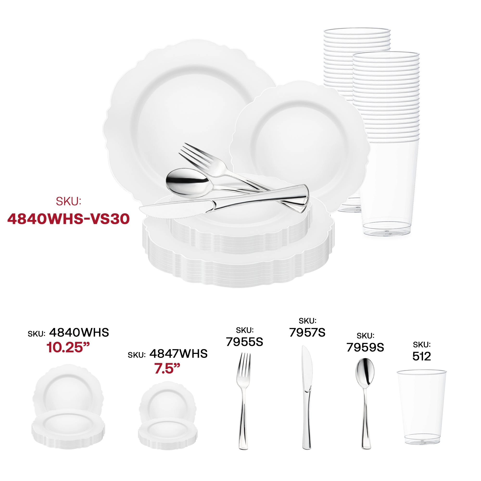 Smarty Had A Party White with Silver Rim Round Blossom Disposable Plastic Wedding Value Set