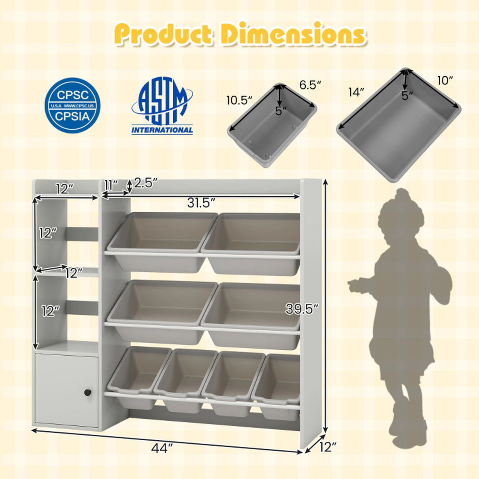 SUGIFT Kids Toy Storage Cabinet and Bookshelf Toy Organizer with Open Shelves and 8 Boxes 220-lb Capacity Ages 3+ Gray
