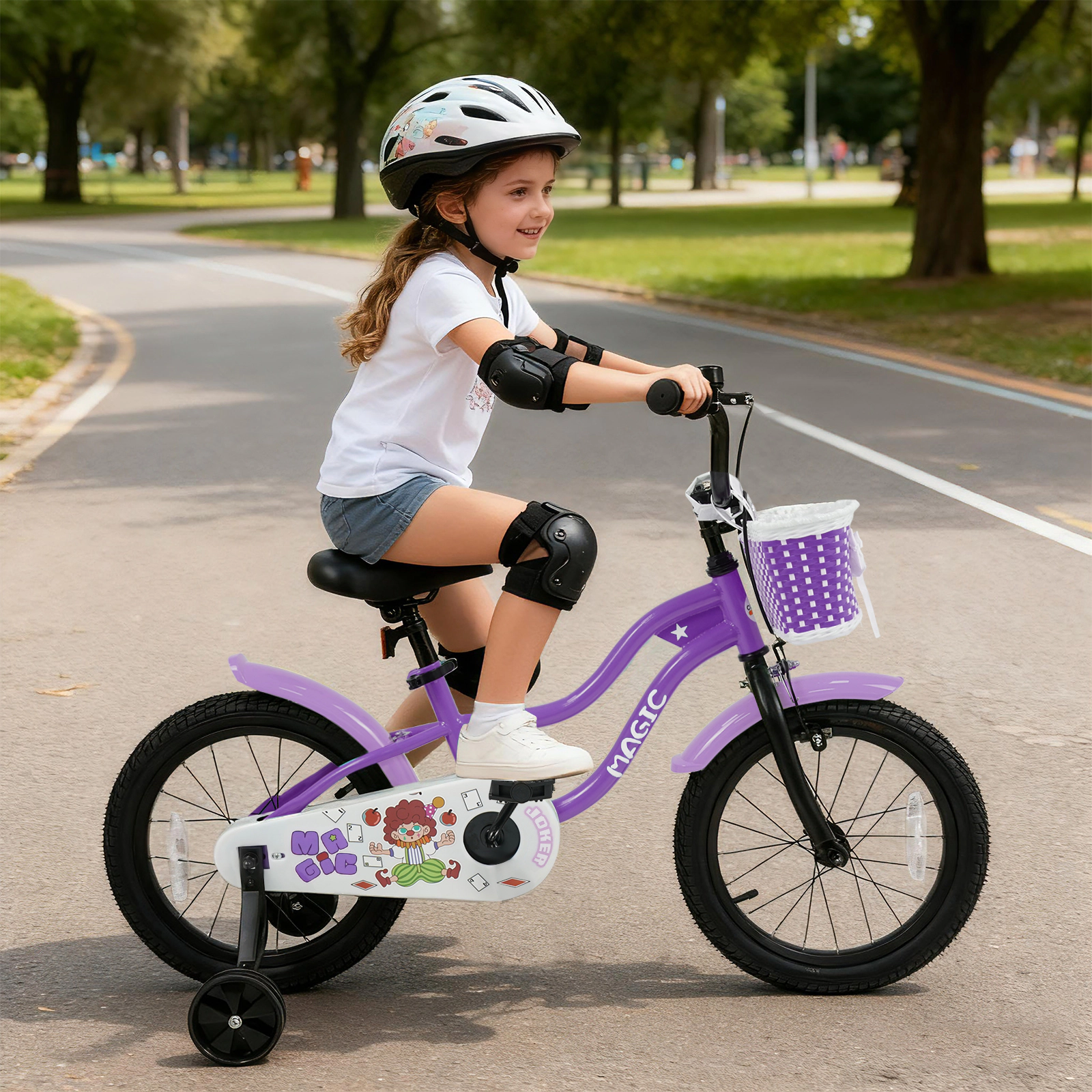 16-in Kids Bike Removable Training Wheels and Front Basket Ages 4-7 with Adjustable Saddle and Pneumatic Tires Purple