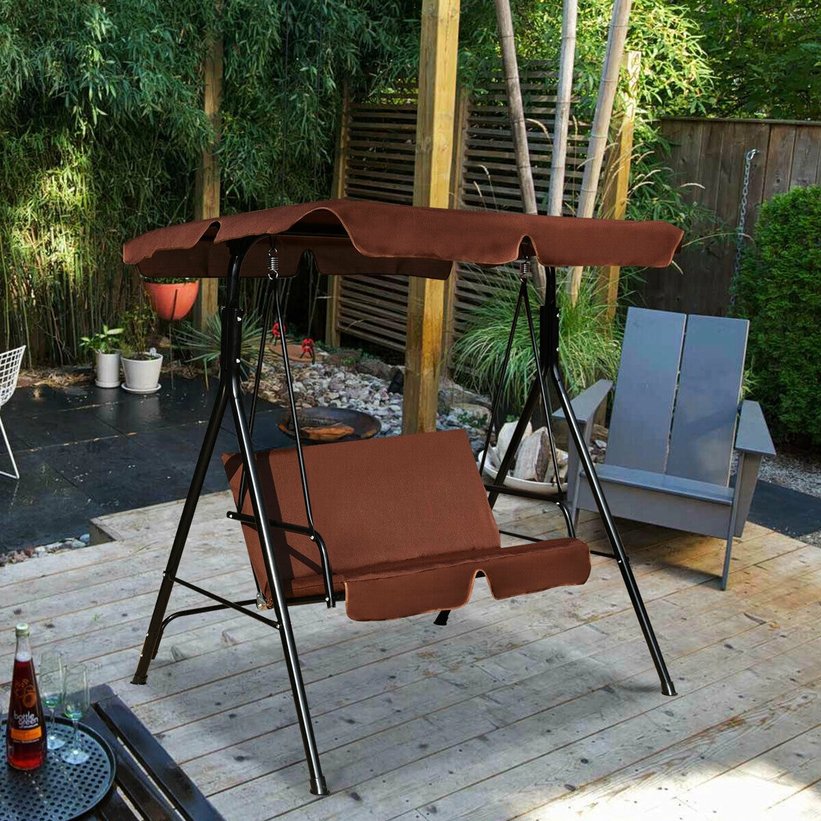 SUGIFT Brown 2-Seat Outdoor Patio Glider Swing with Cushions and Canopy