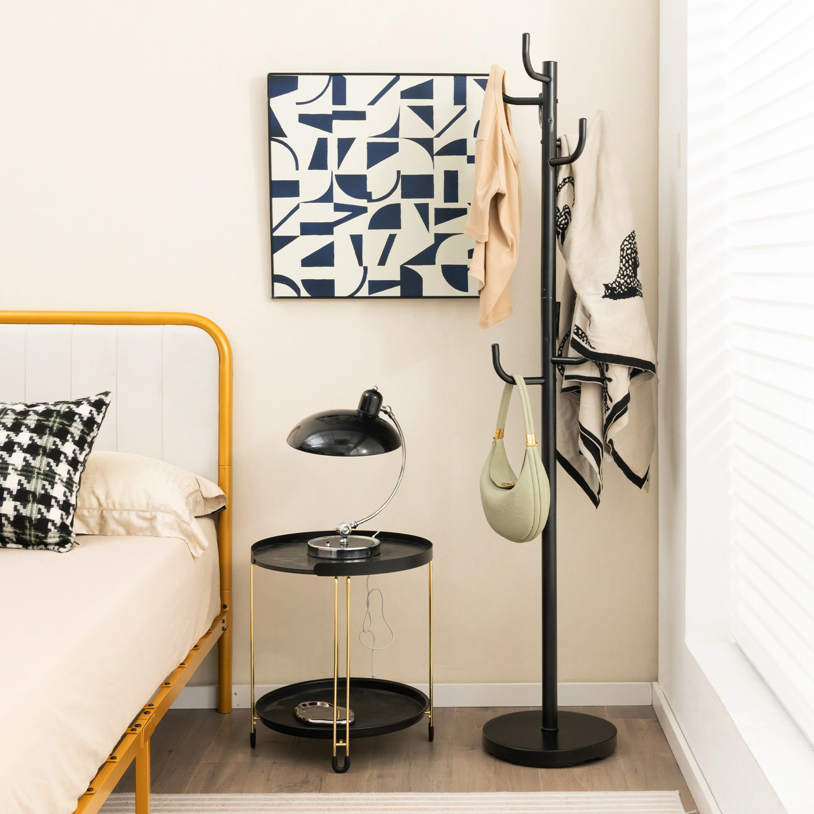 Glintex Freestanding Metal Coat Rack with 8 Hooks and Round Weighted Base, Black
