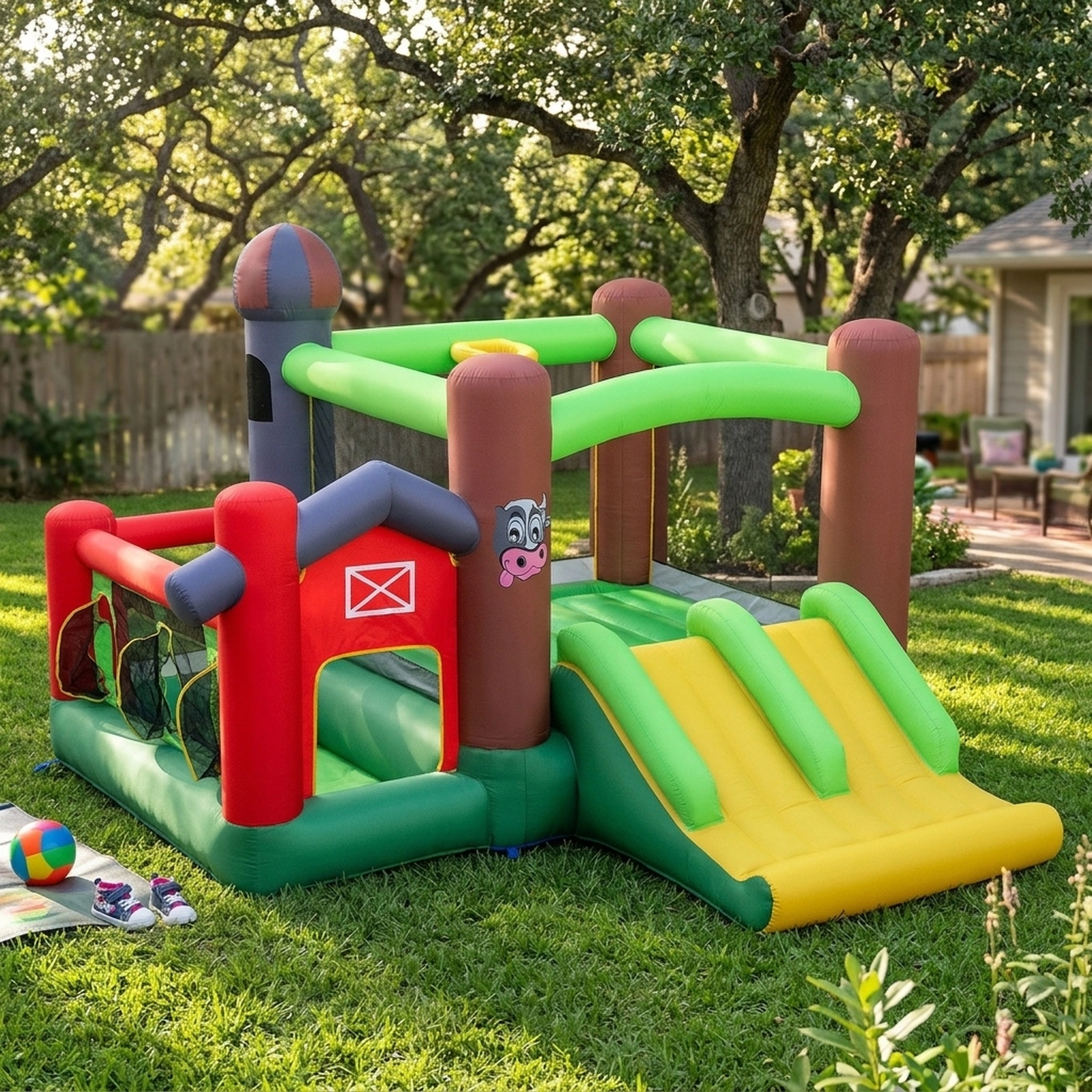 6-in-1 Inflatable Bounce House with Double Slides Basketball Hoop Ball Pit and Ocean Balls for 3 Kids 300-lb Capacity