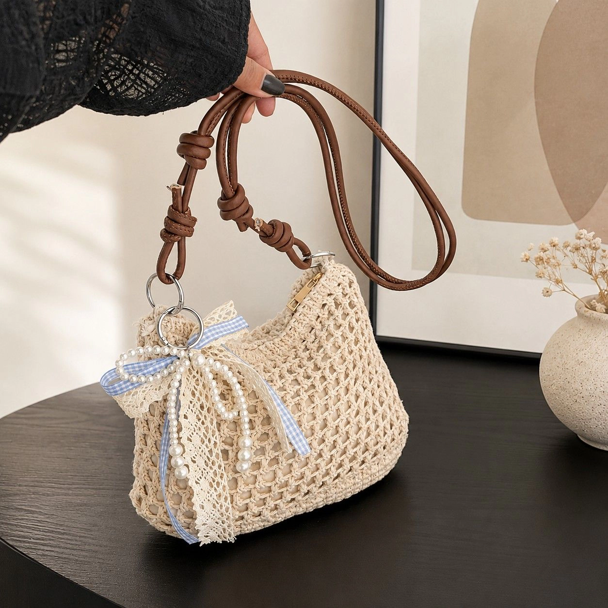 Alilang Women's Decorative Woven Crossbody Bag with Pearl Charm, Scarf Accent and Zip Closure, Khaki