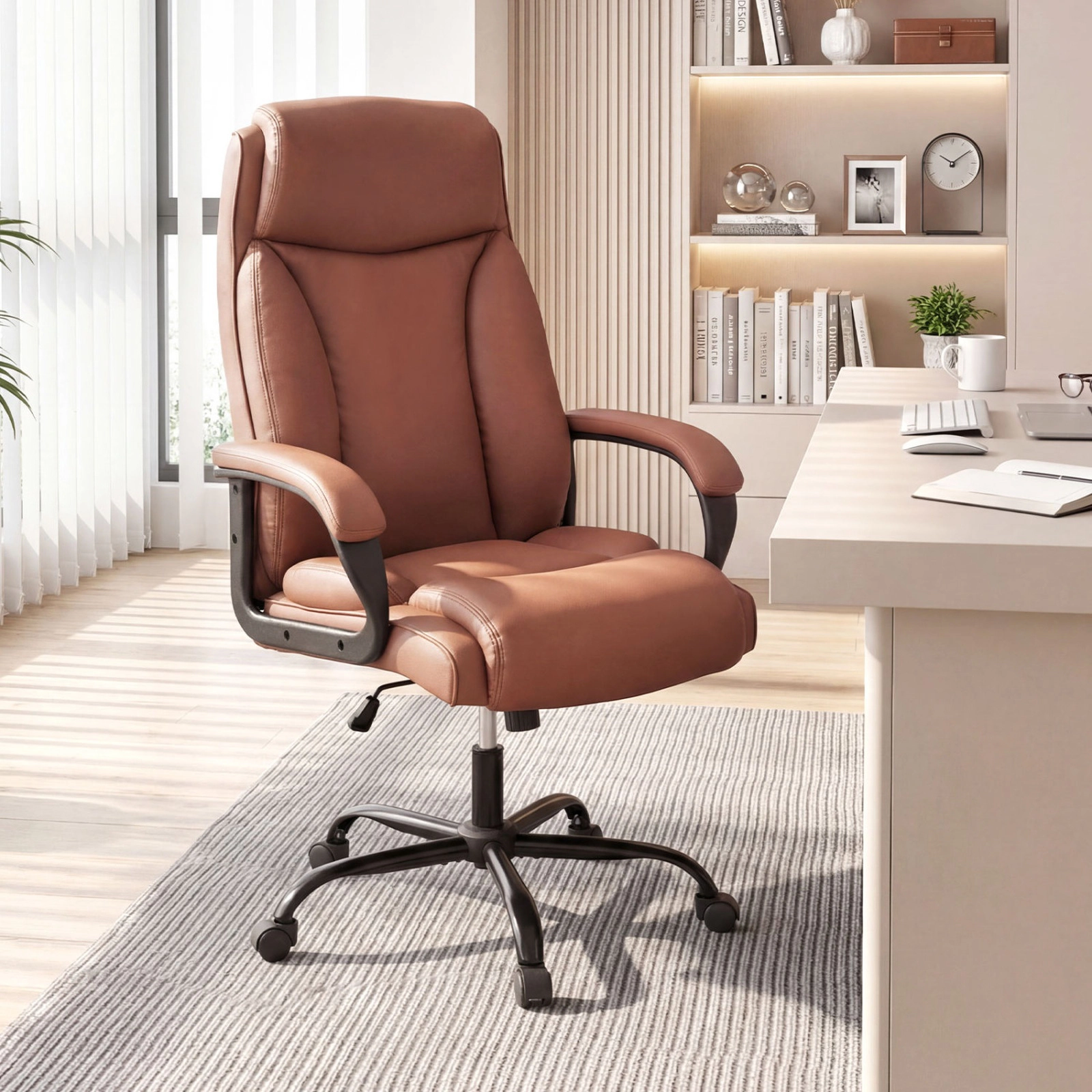 SUGIFT 400 LBS Big and Tall Executive Office Chair Brown High Back Leather Chair