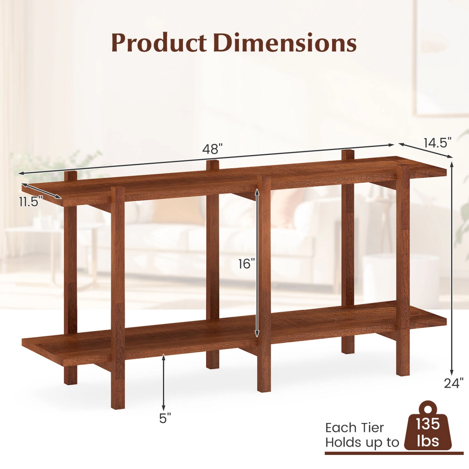 SUGIFT 2-Tier Low Horizontal Rubberwood MDF Bookshelf 48-in Wide Shelves 135-lb Per Shelf Capacity Walnut 1-Piece