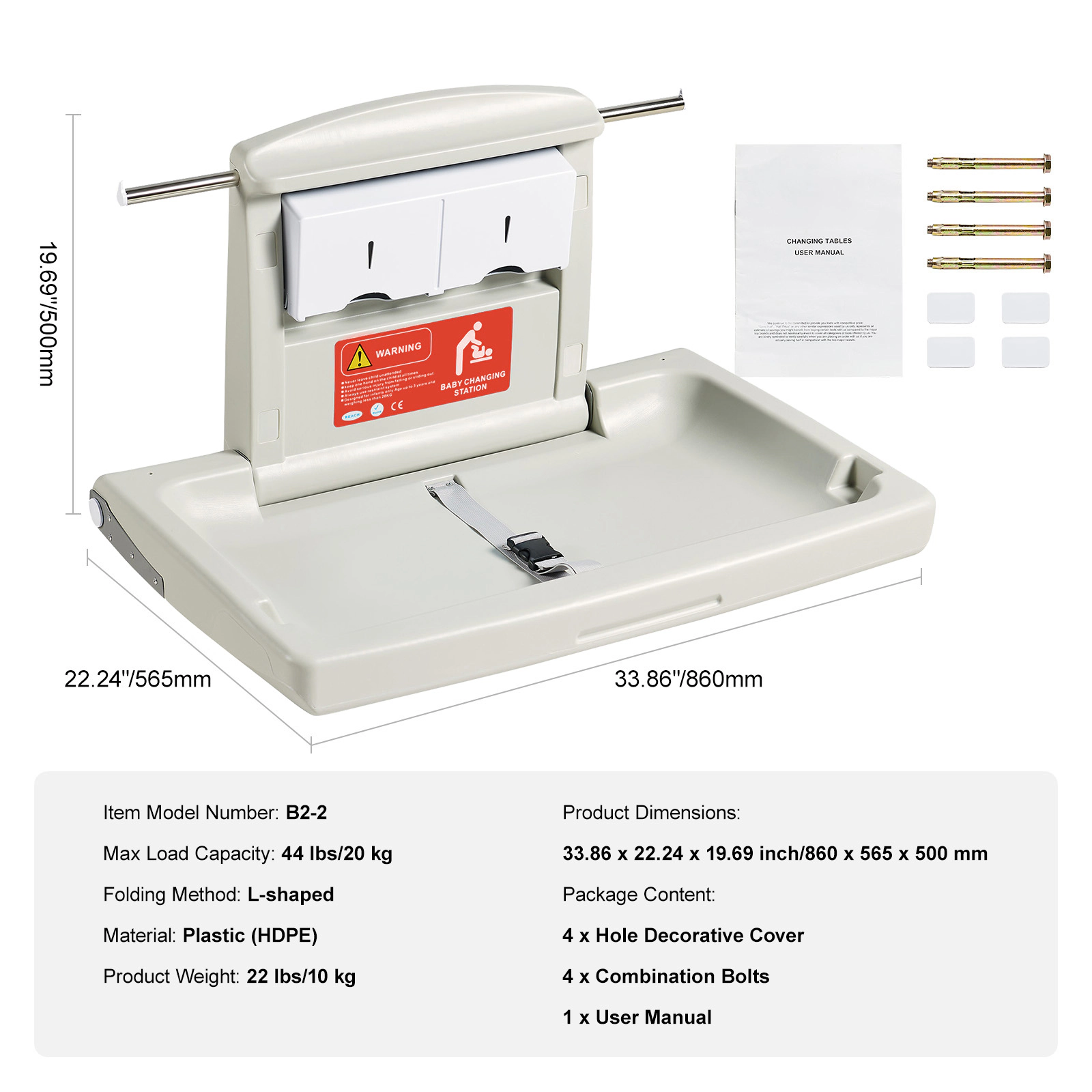 HONGGE Wall-Mounted Baby Changing Station with L-Shaped Fold, Safety Strap, for Commercial Bathrooms & Daycares