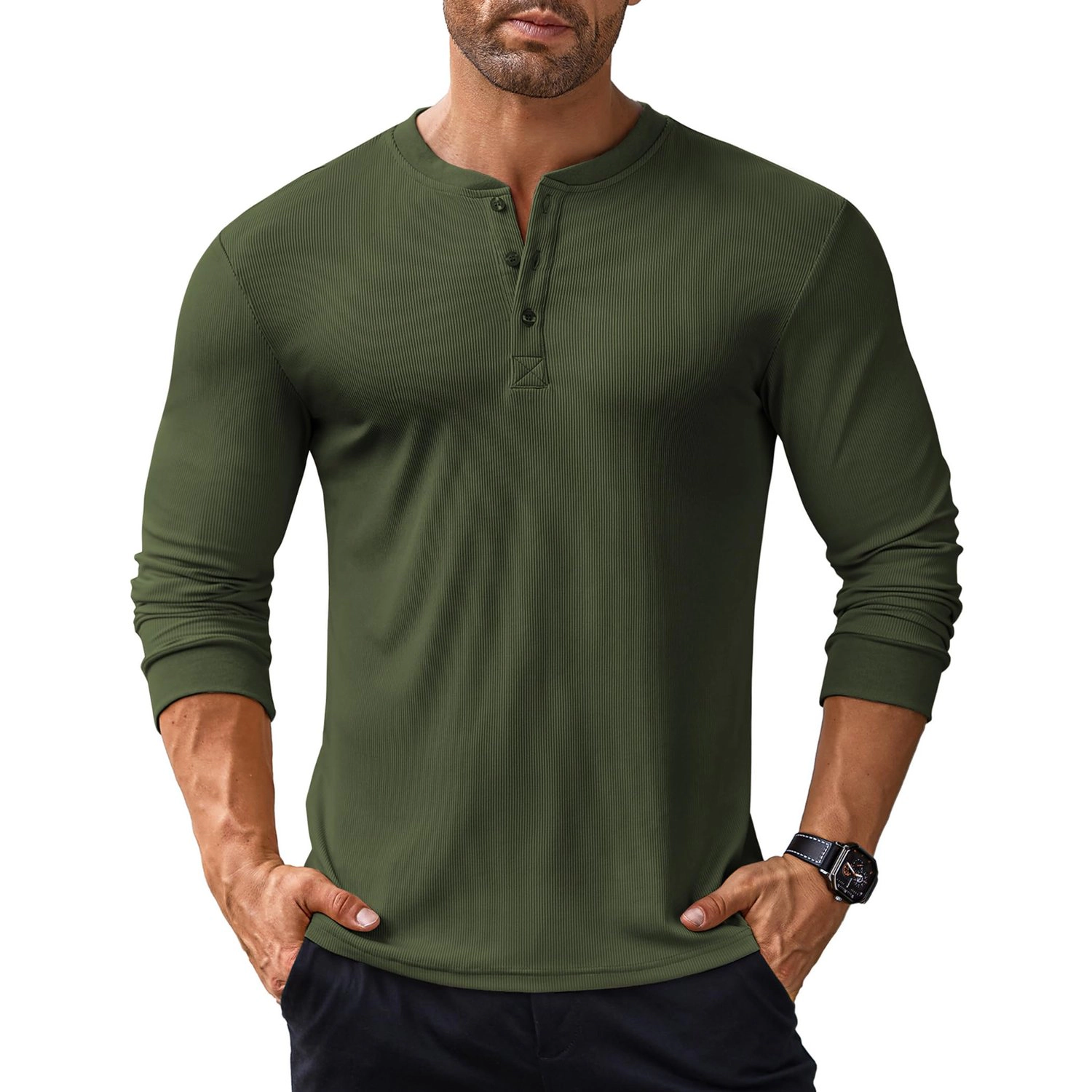 COOFANDY Mens Long Sleeve Henley Shirt V Neck Button Placket Ribbed Casual Fall Top