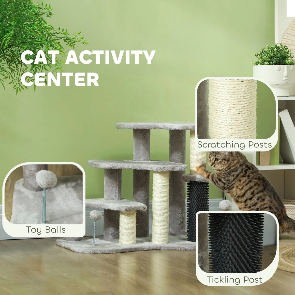 212 Main PawHut 2-in-1 Cat Tree Tower & 3-Step Pet Stairs with Scratching Posts & Toy Balls