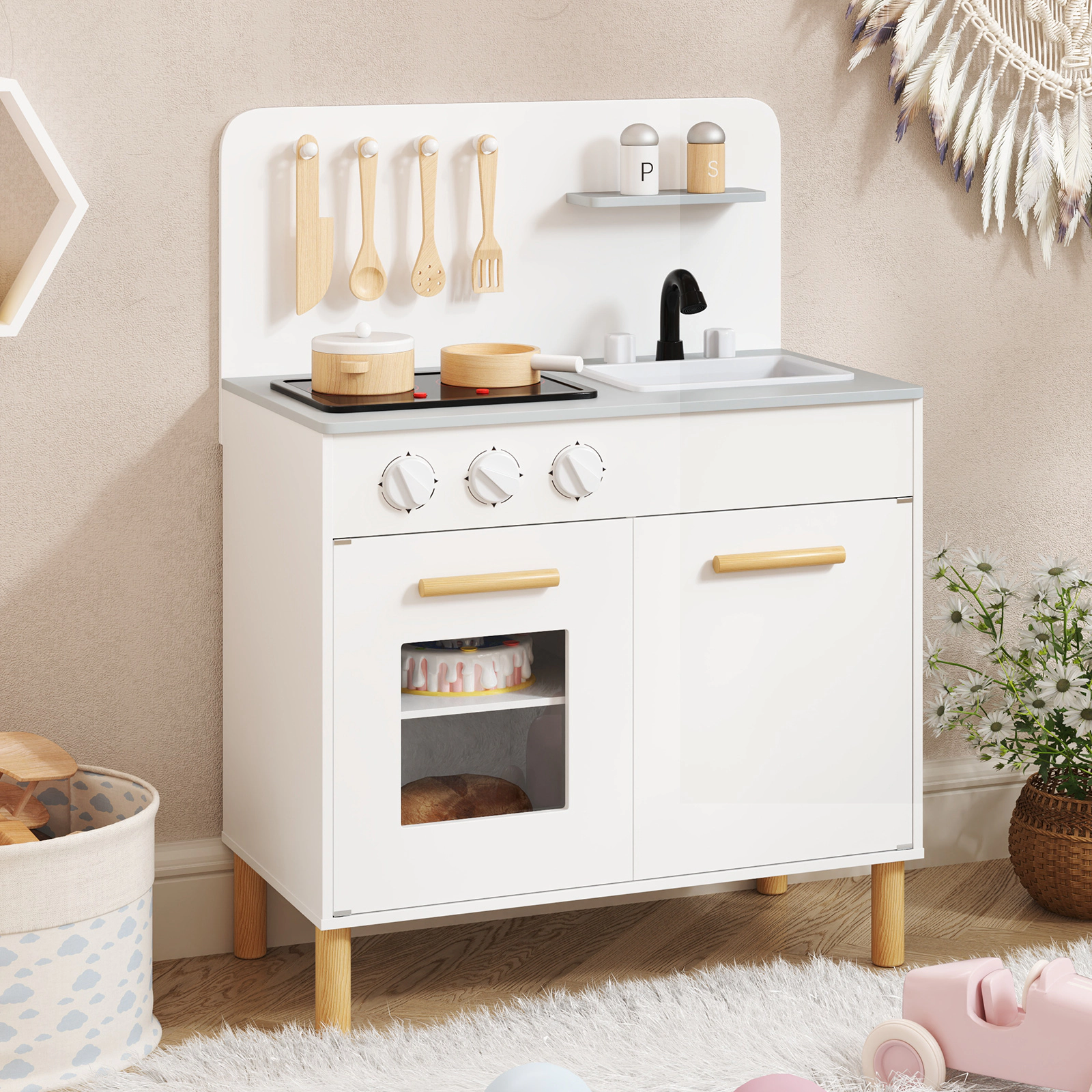 Kids Kitchen Playset with Dual Lighted Stoves Removable Sink Rotatable Faucet and Pine Legs 22-in x 12-in x 30-in White