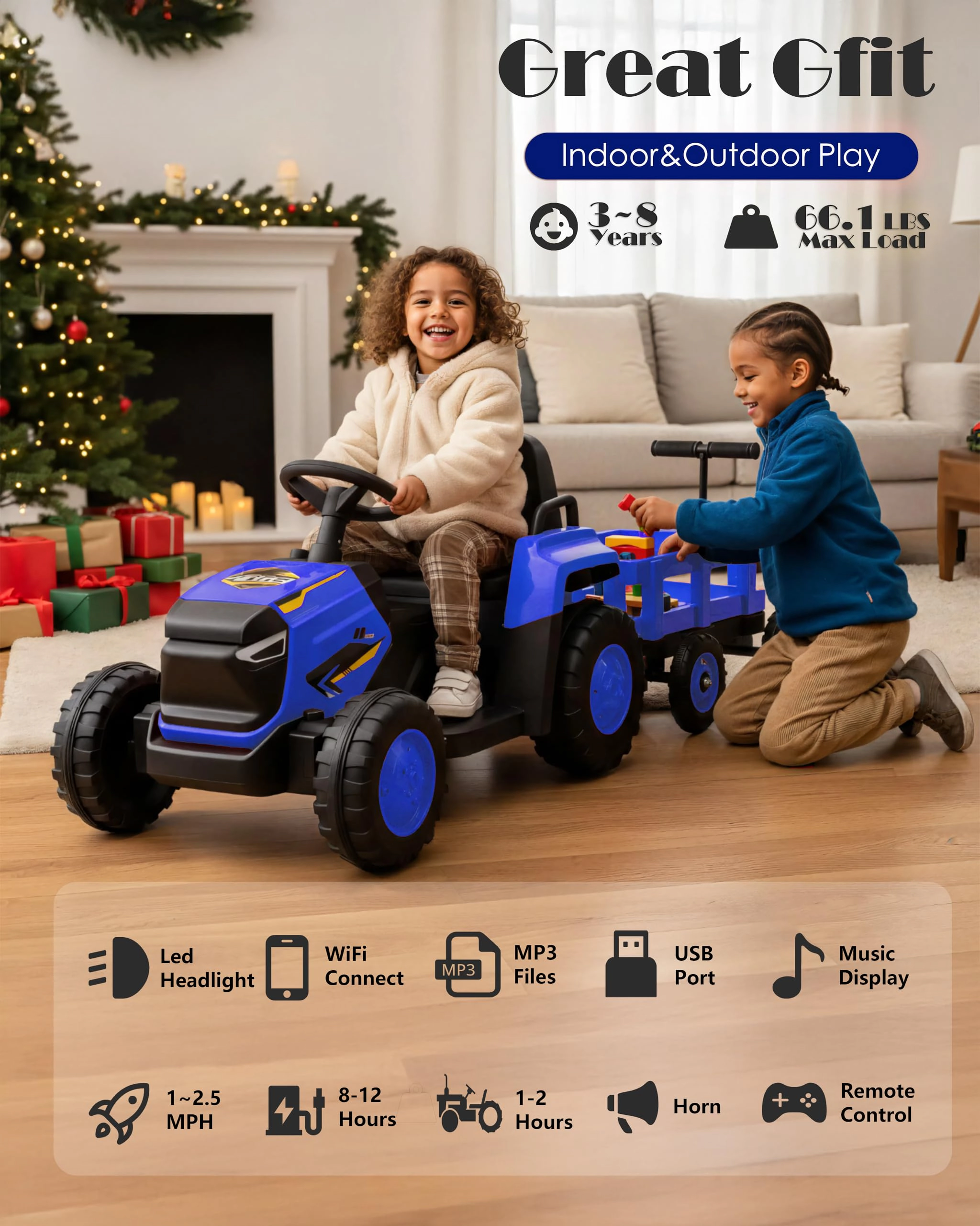 12V Electric Ride-On Tractor with Detachable Garden Cart, 8-Wheel Vehicle with Trailer, Remote