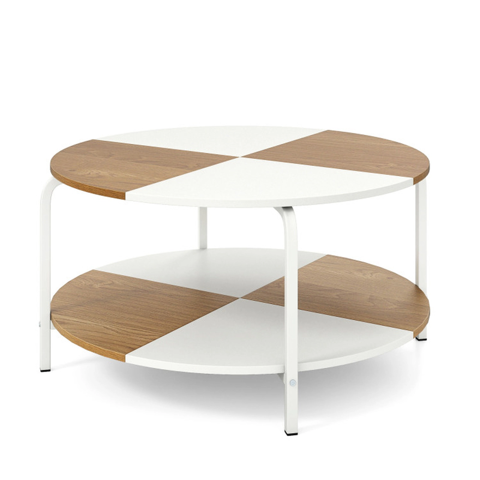 SUGIFT 2-Tier Round Coffee Table Metal Frame with Storage Shelf 220-lb Tabletop Capacity 31.5-in Round White and Natural