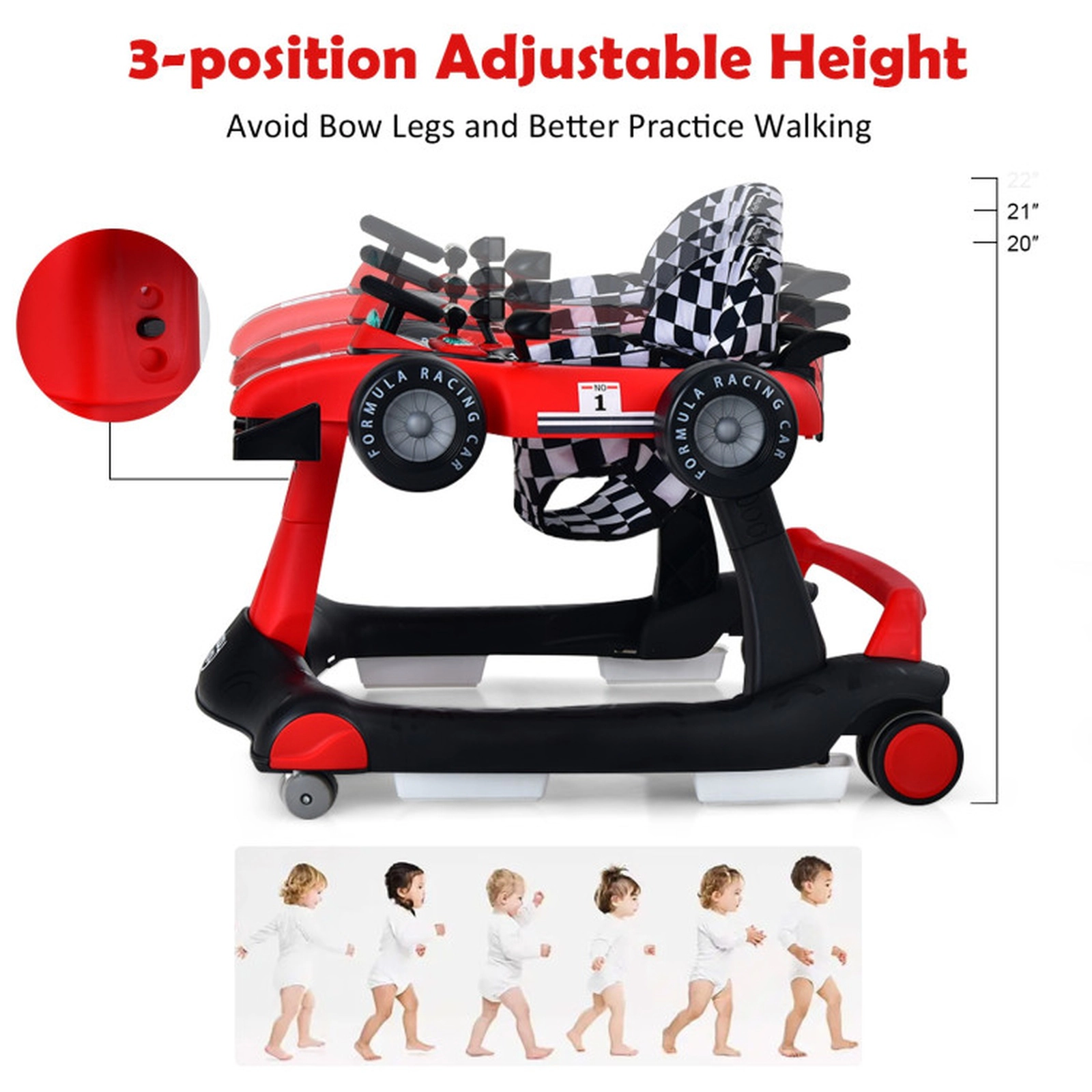 SUGIFT 4-in-1 Foldable Activity Push Walker with Adjustable Height 25-lb Capacity Ages 6-18 Months 29-in Frame Red