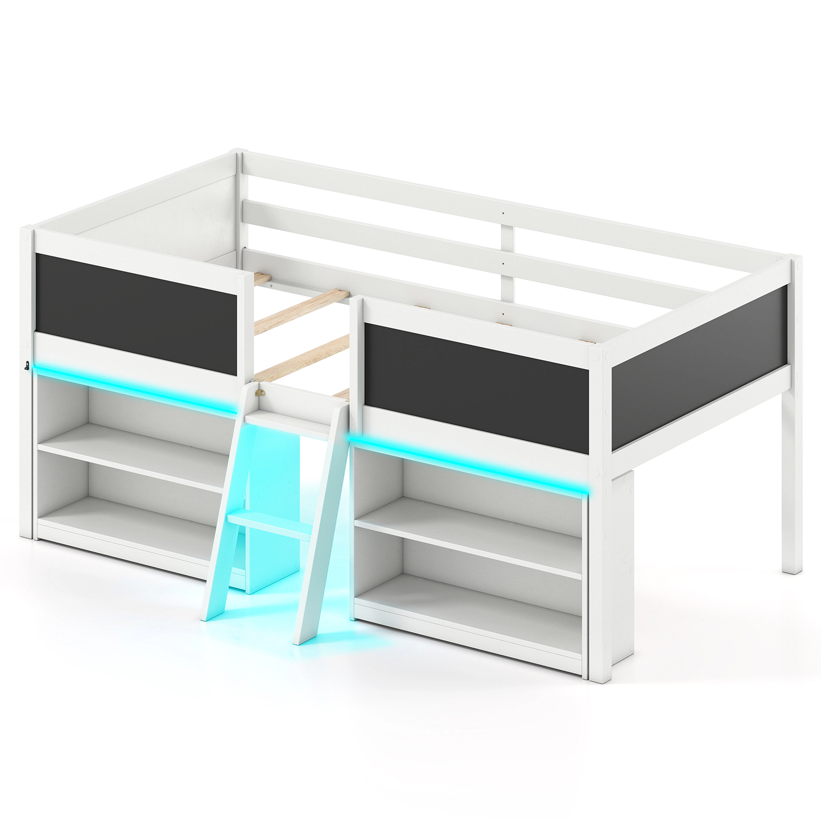 Costway Low Loft Bed Twin Wooden Frame Kid's Cabin w/ Bookcases White