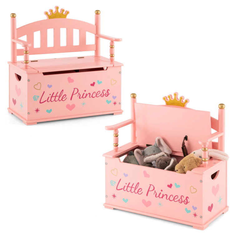 Hivvago 2-In-1 Kids Princess Wooden Toy Box with Safe Hinged Lid