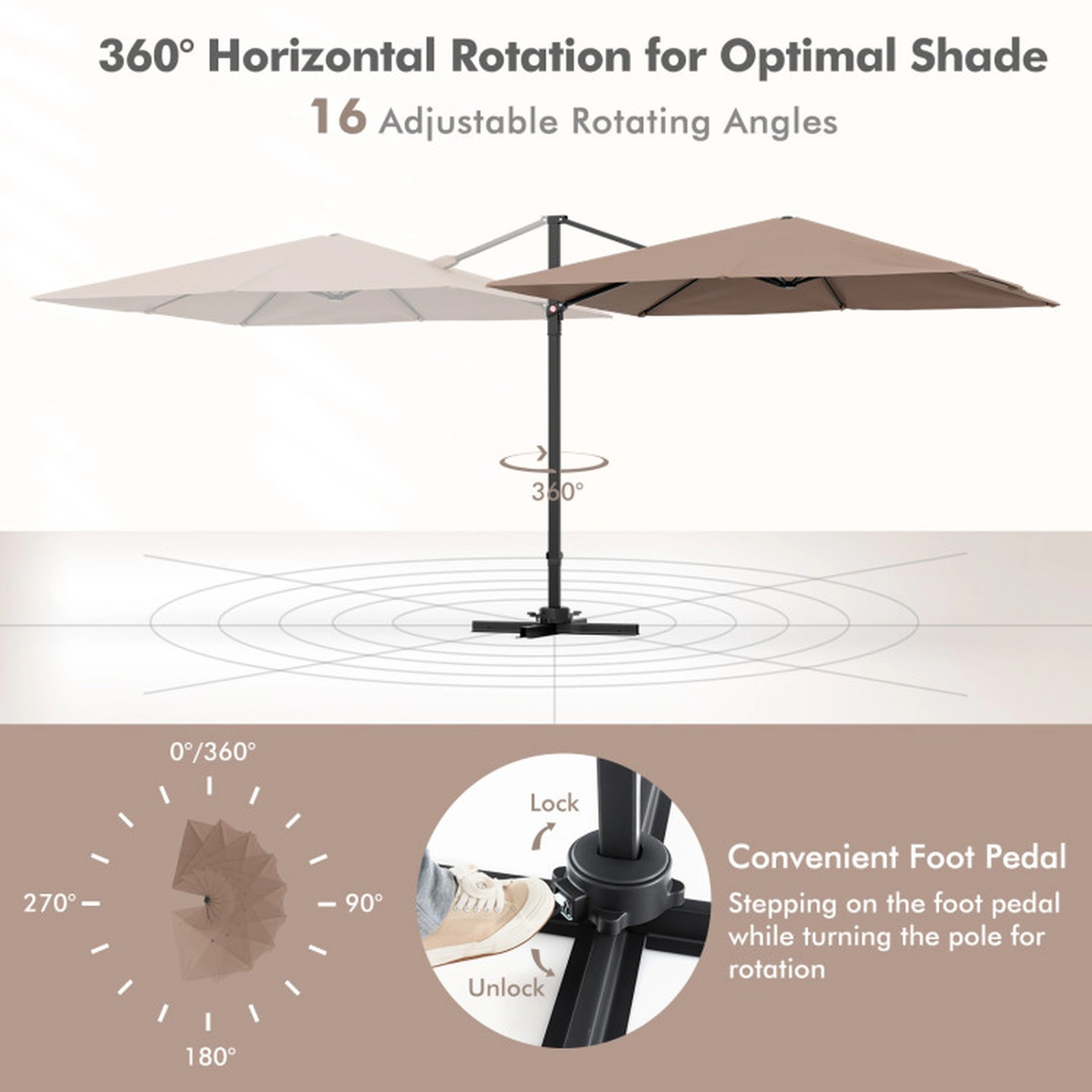 SUGIFT 9.3-ft Square Patio Cantilever Umbrella with 360° Rotation Foot Pedal and Cross Base Coffee Polyester Canopy