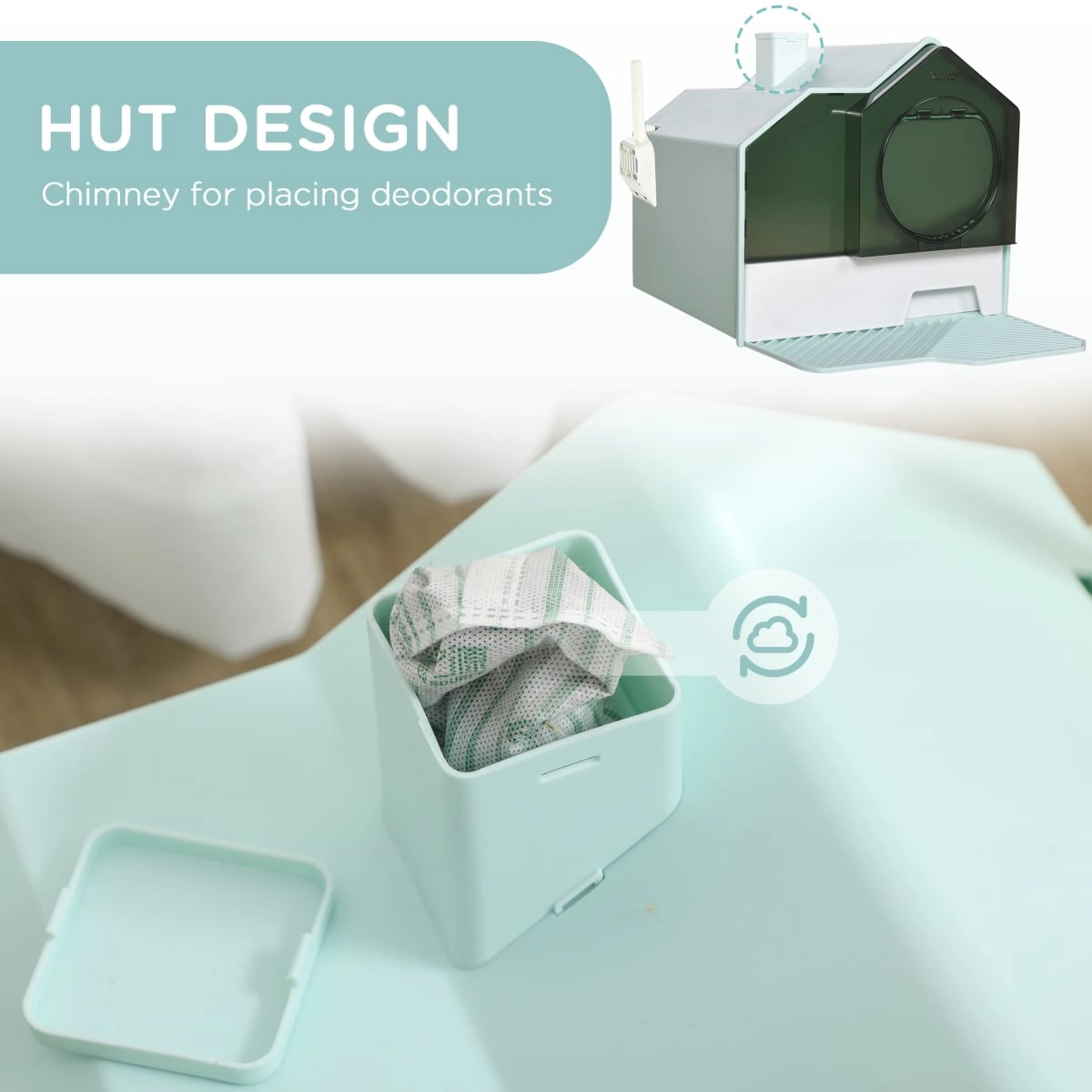 212 Main Paw Hut Hooded Cat Litter Box with Mat, Particle Catching, Easy Clean, Light Blue