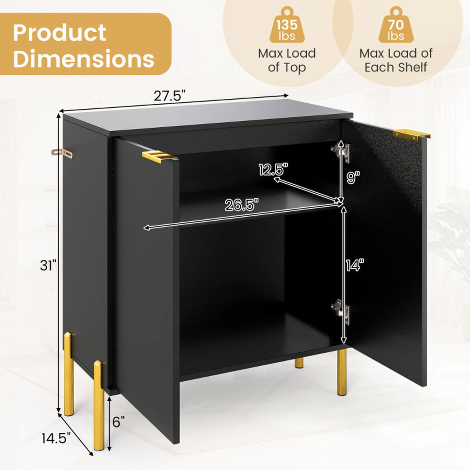 SUGIFT Set of 2 135-lb Top Capacity 31-in Black 2-Door Buffet Cabinet Sideboards with Elevated Metal Legs
