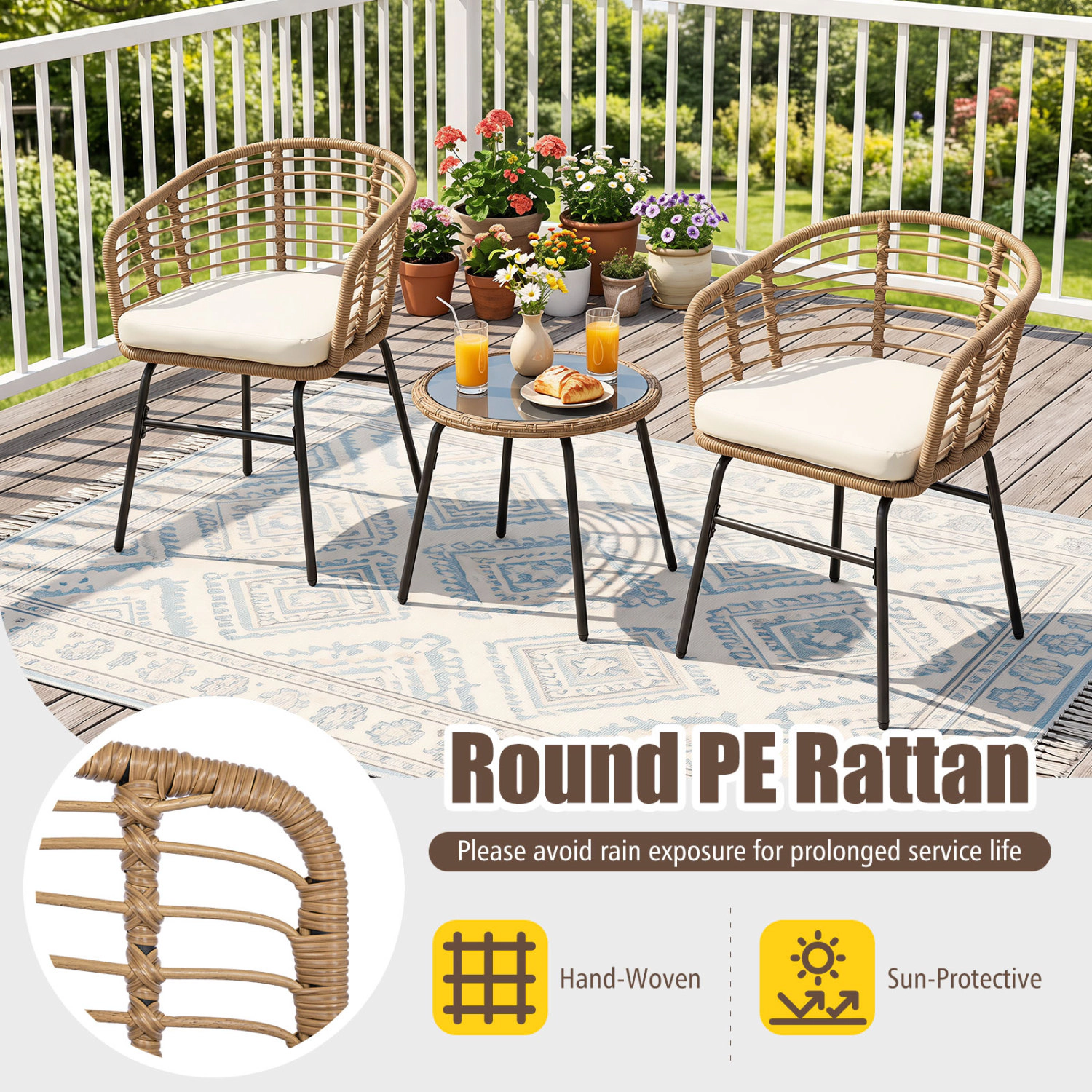 LJG 3 Pieces Outdoor Patio Furniture Set with Soft Cushions