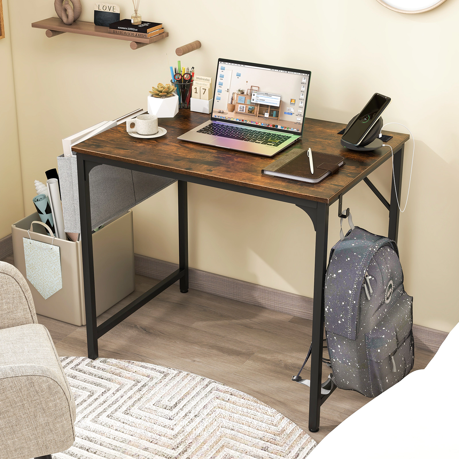 SUGIFT Rustic Brown 32-Inch Computer Desk with Charging Station, USB Port, Headphone Hook and Storage Bag