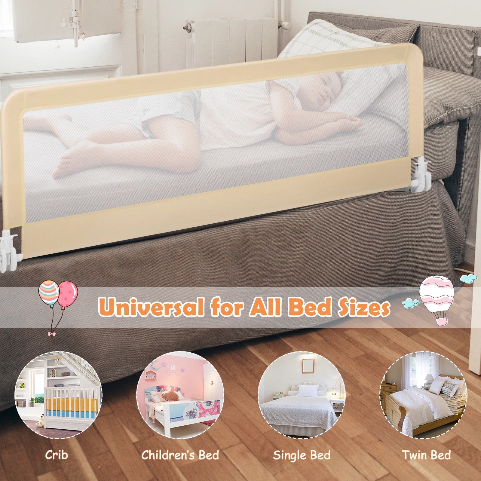 SUGIFT 59-in Folding Breathable Baby Bed Rail Guard with Safety Strap for Ages 2+ Fits 4.72-11.81-in Mattresses Beige