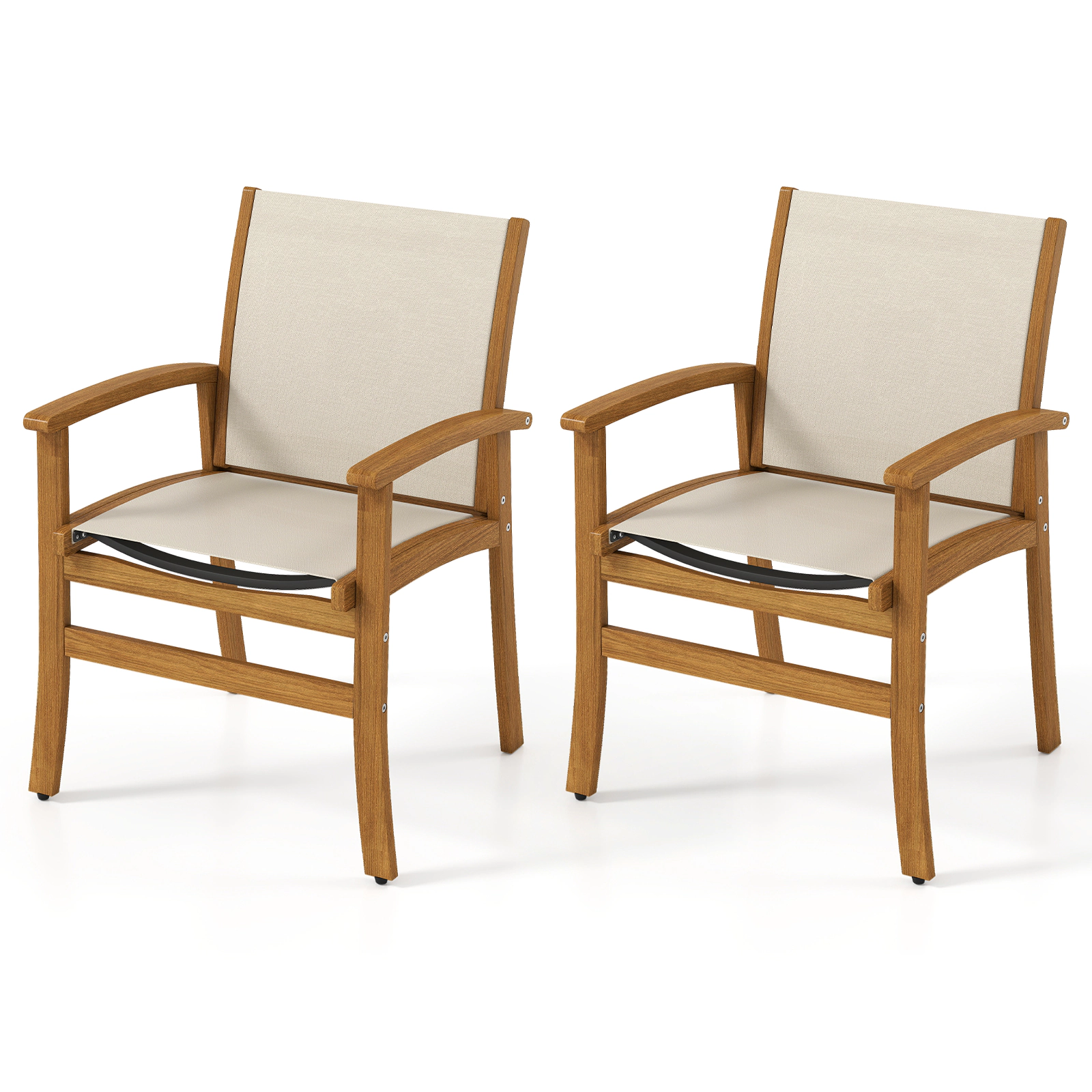 SUGIFT Set of 2 Acacia Wood Patio Dining Armchairs with Breathable Fabric Seat 400-lb Capacity Natural and Gray or Beige
