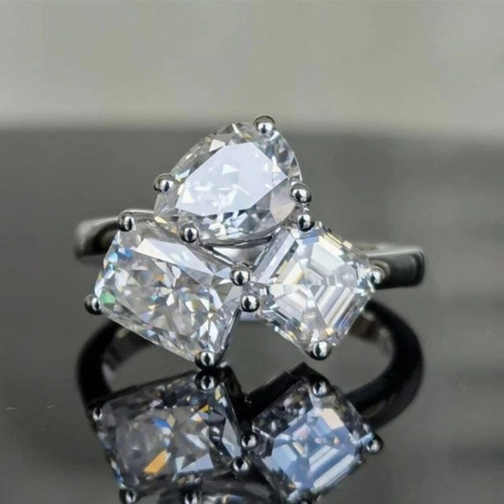 Wardrobe Whimsy Three Stone Mixed Cut Cubic Zirconia Engagement Ring for Women