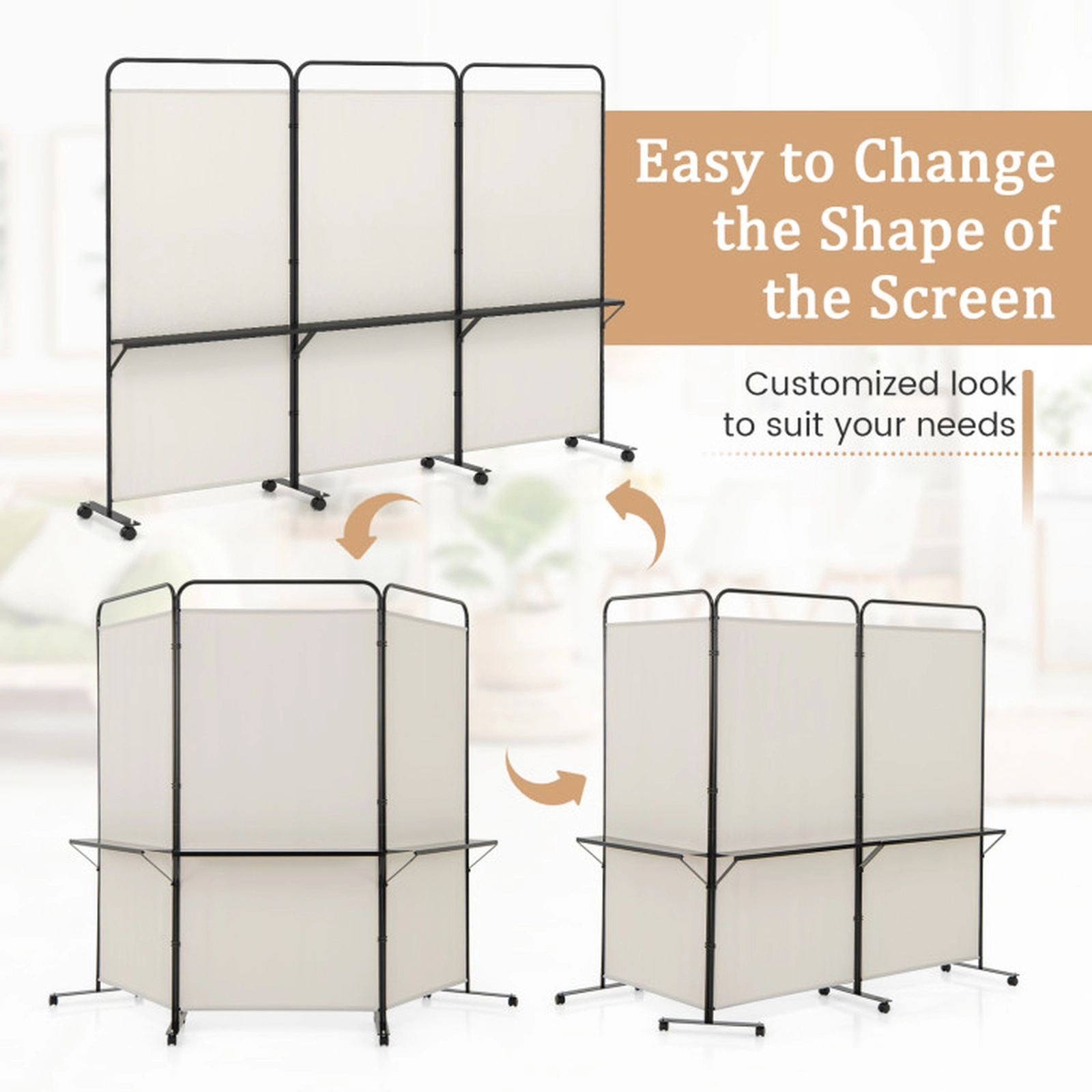 SUGIFT 3-Panel Folding 3 Metal Shelves Room Divider Screen 103-in x 18-in x 74-in 8 Lockable Wheels Beige
