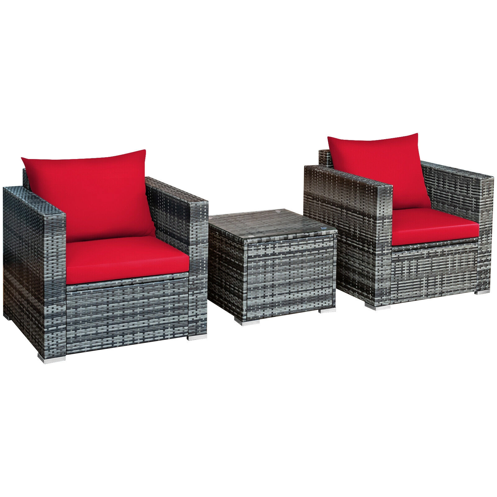 SUGIFT 3-Piece Gray Rattan Outdoor Patio Sofa Set with Cushions and Glass Coffee Table