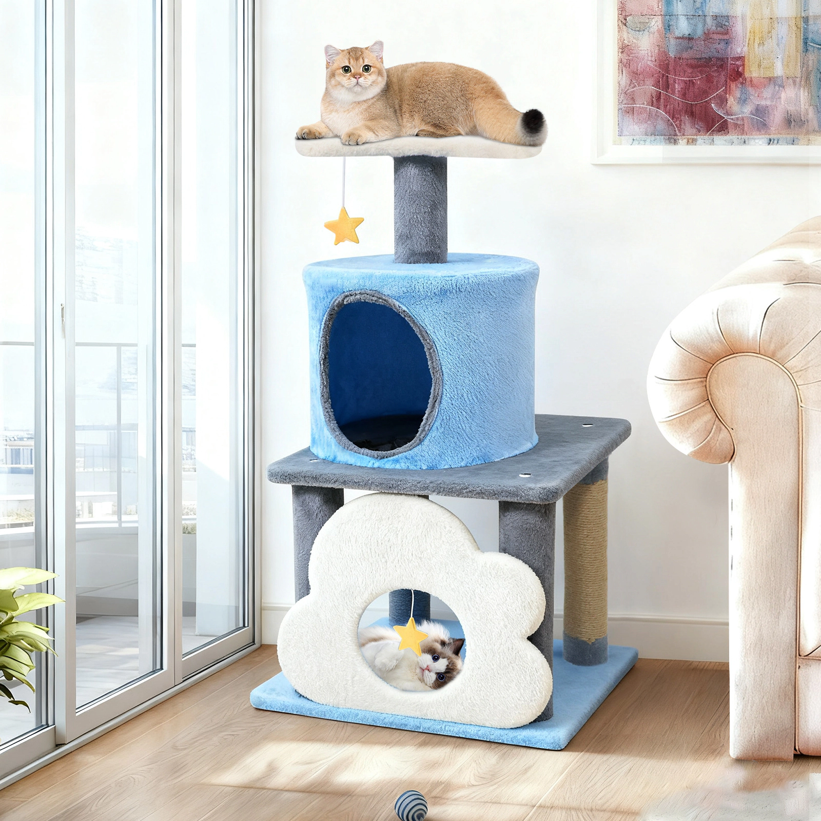 SUGIFT 31.5-in Blue Multi-Level Kitten Cat Tree Tower with Cloud Cave Moon Top Perch and 33-lb Condo